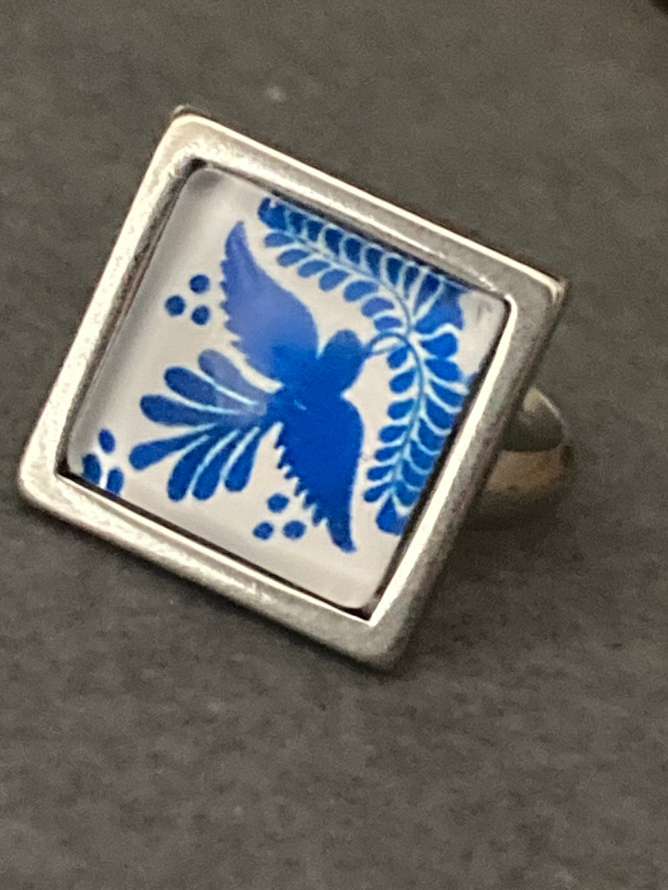 Blue and white printed glass tile earrings stainless steel studs Bird of peace dove