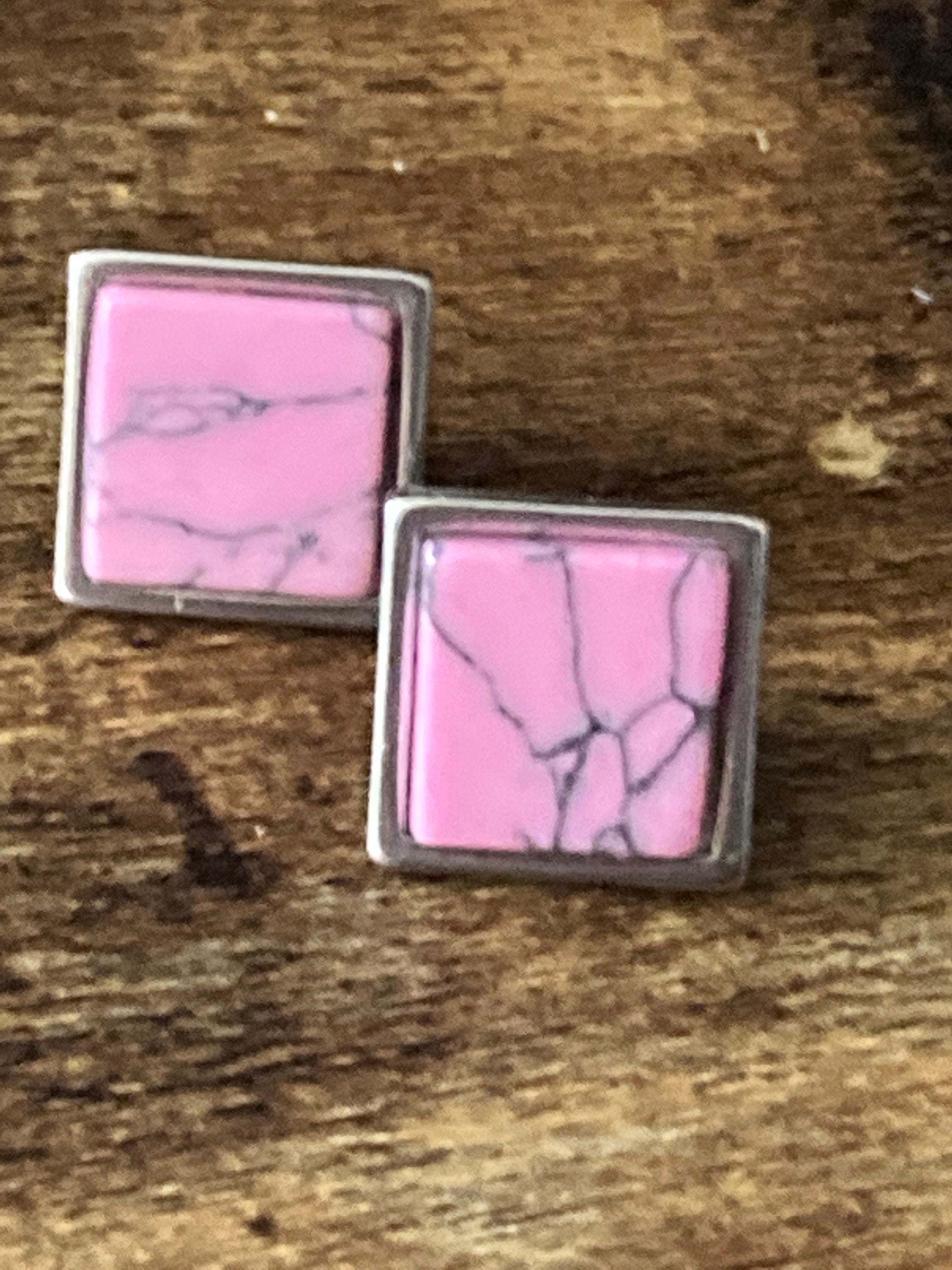 Pink marbled gemstone stud earrings in stainless steel