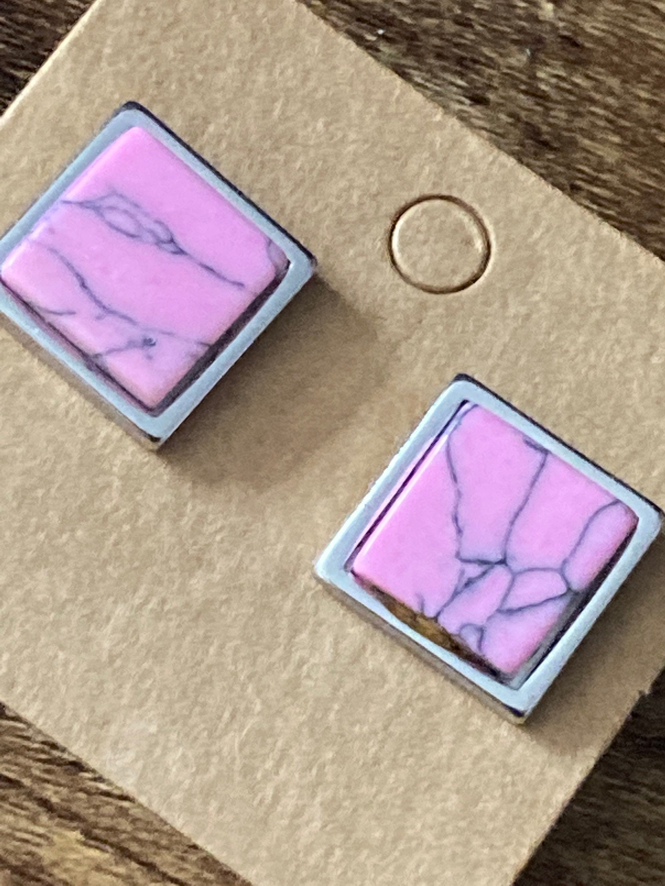 Pink marbled gemstone stud earrings in stainless steel