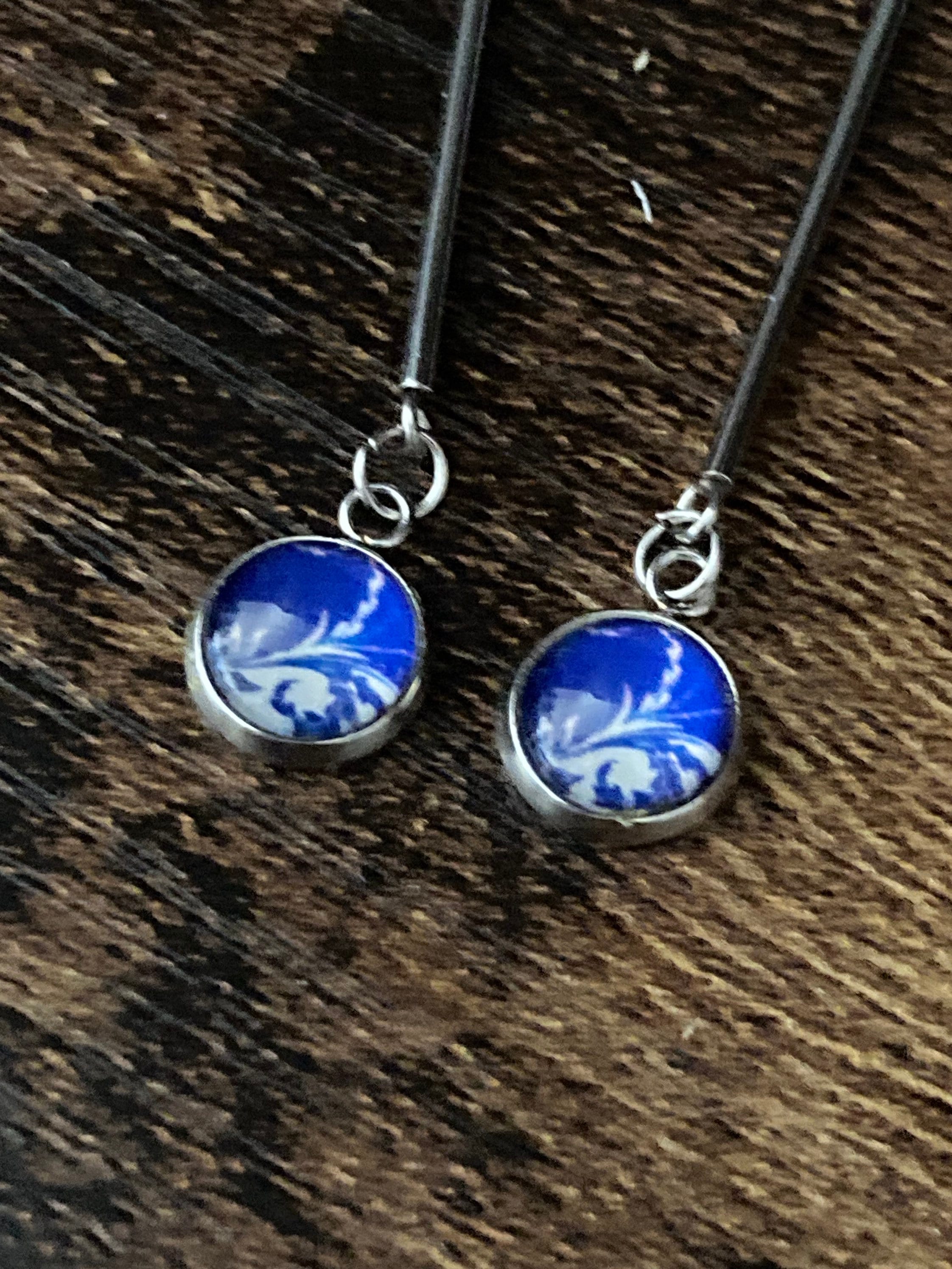 blue white floral long drop earrings for pierced ears Amari style glass cabochons Stainless steel