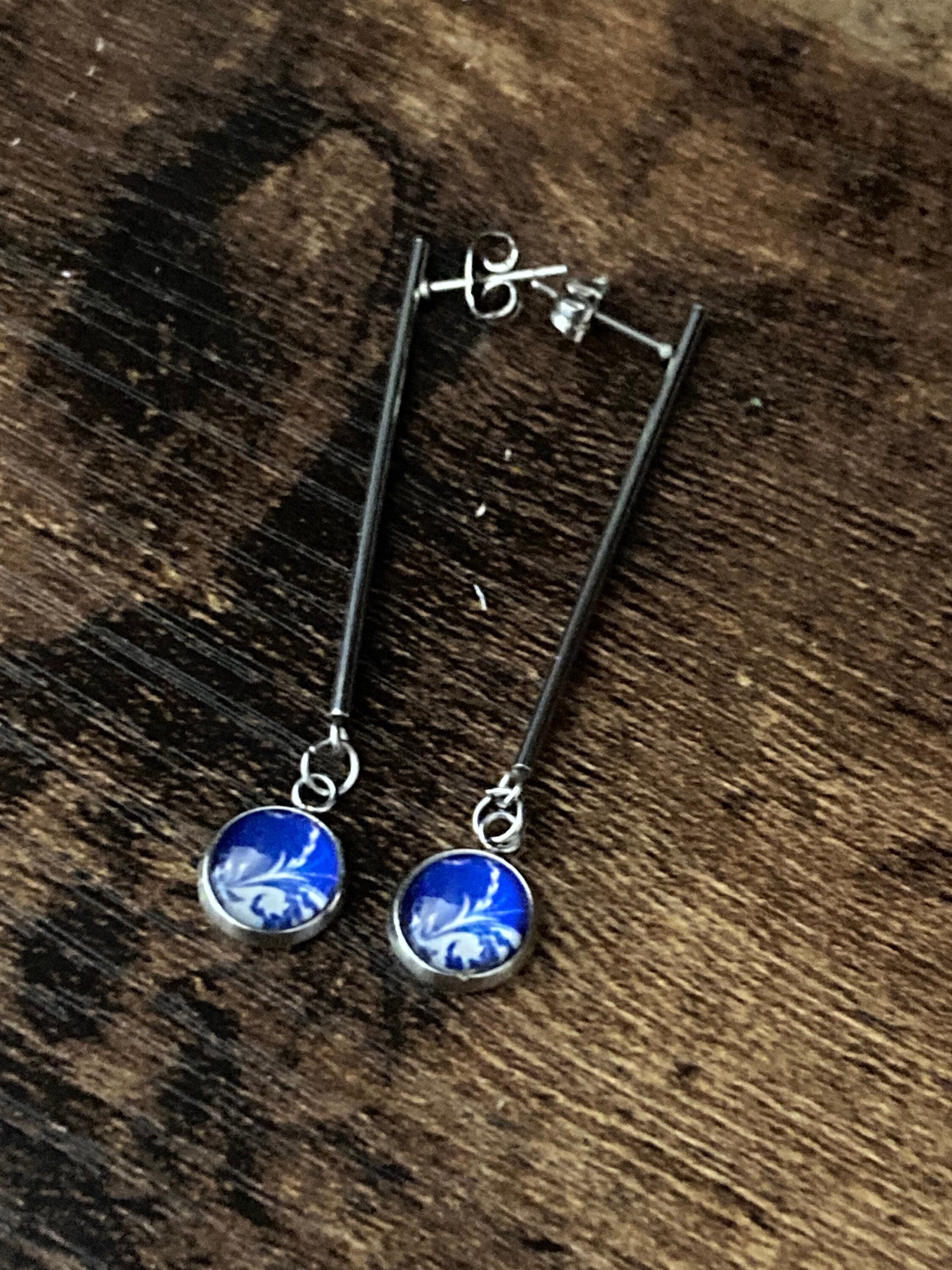 blue white floral long drop earrings for pierced ears Amari style glass cabochons Stainless steel