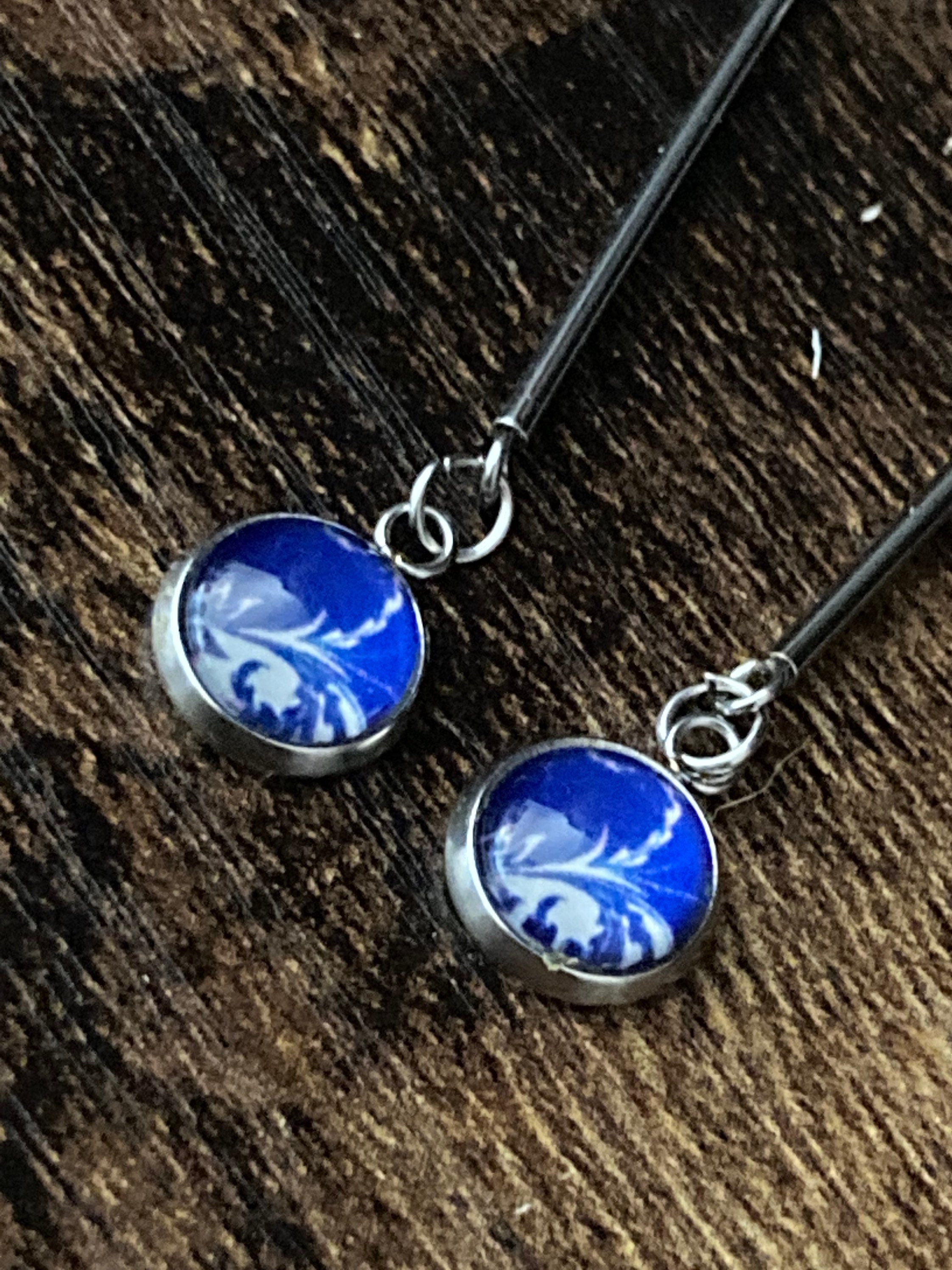 blue white floral long drop earrings for pierced ears Amari style glass cabochons Stainless steel