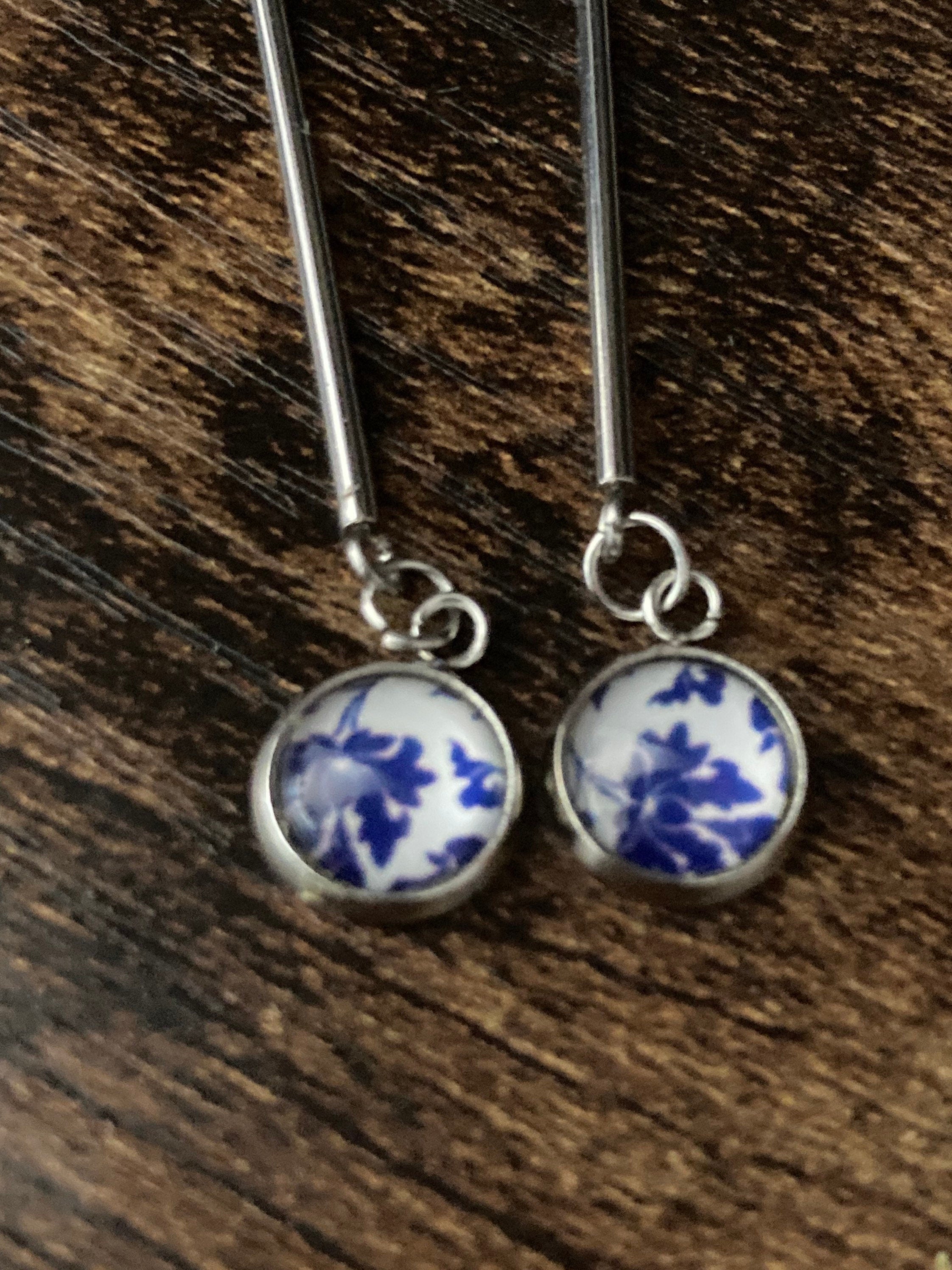 blue white floral long drop earrings for pierced ears Amari style glass cabochons Stainless steel
