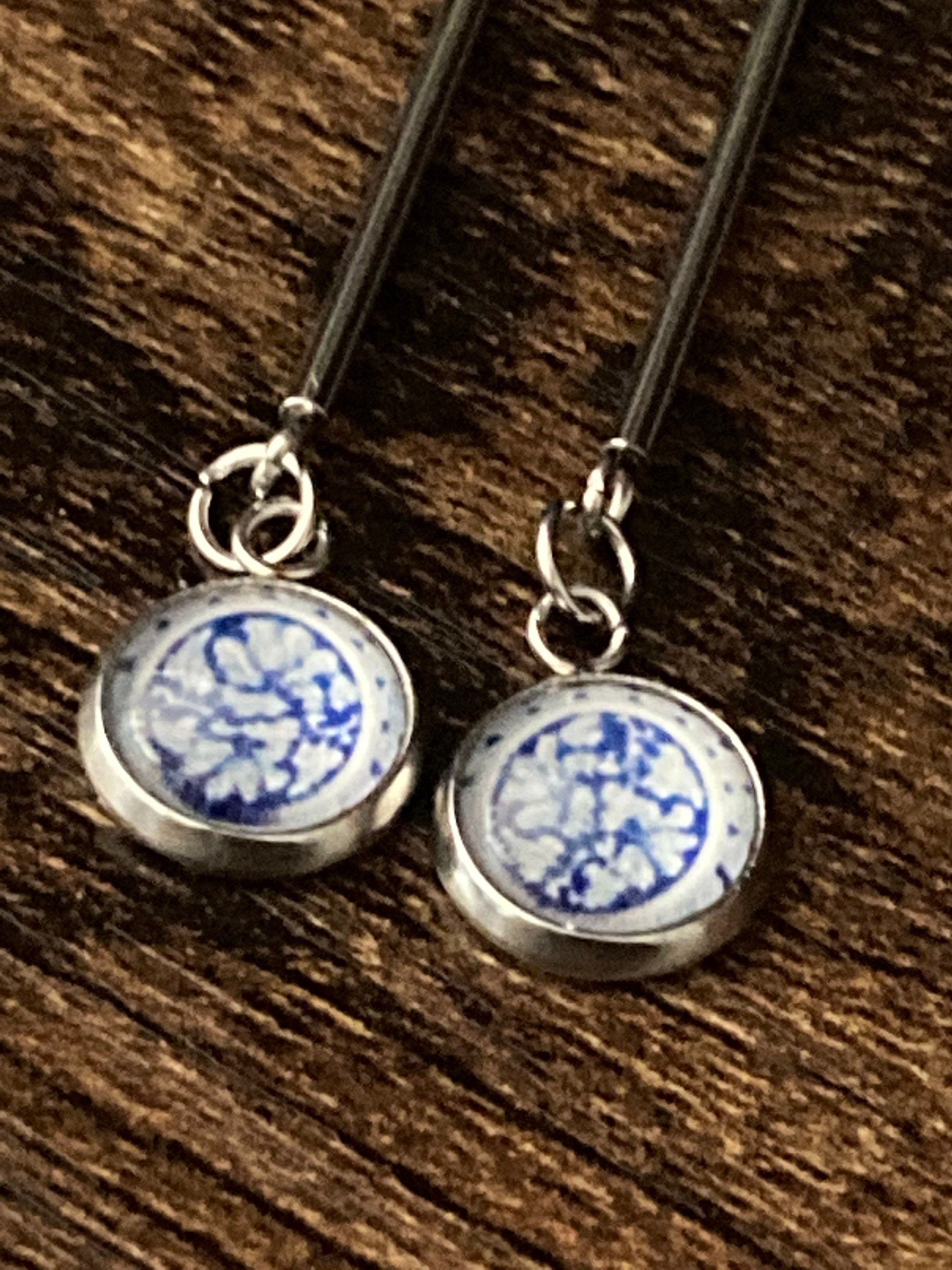 blue white floral long drop earrings for pierced ears Amari style glass cabochons