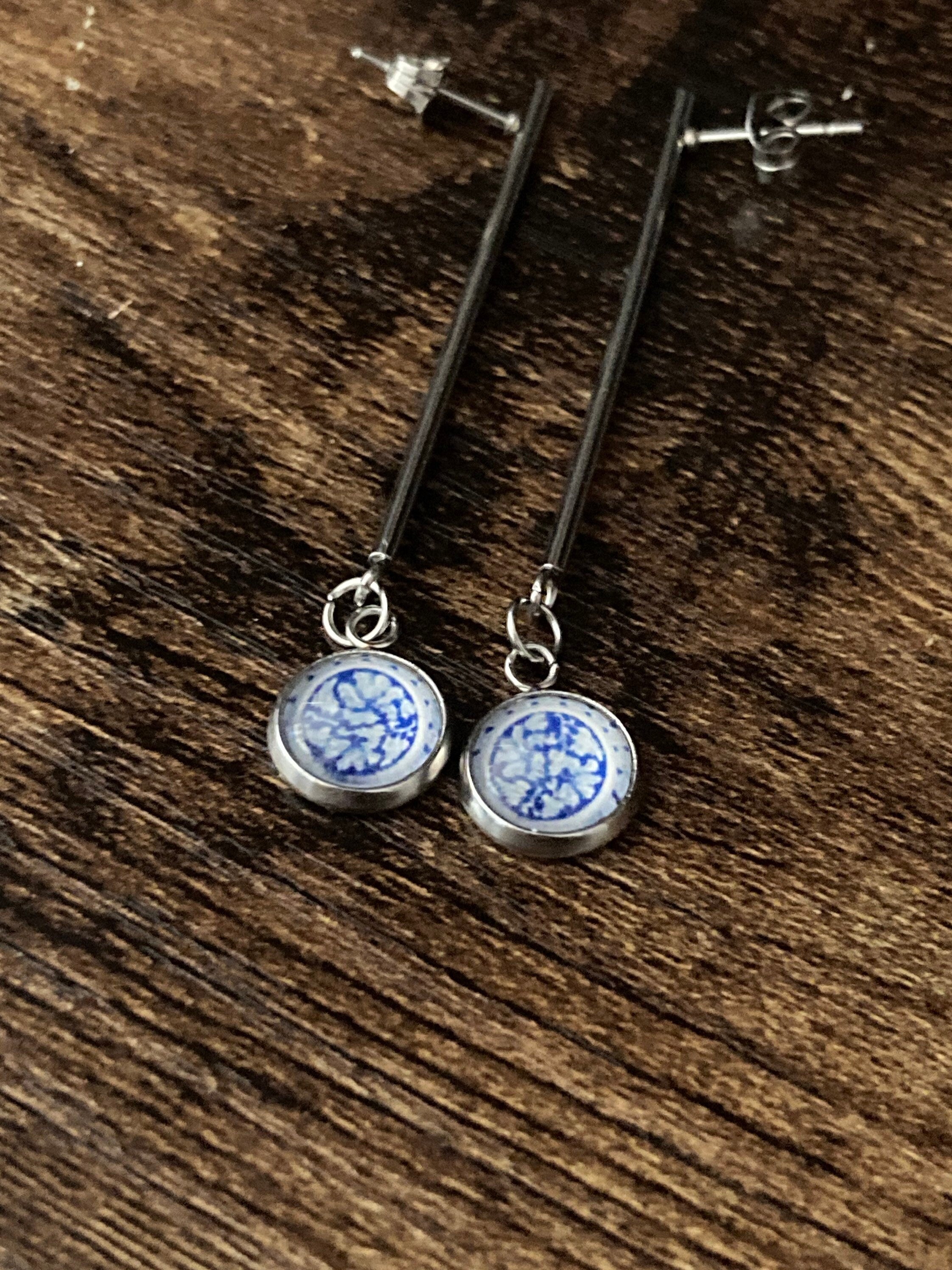 blue white floral long drop earrings for pierced ears Amari style glass cabochons