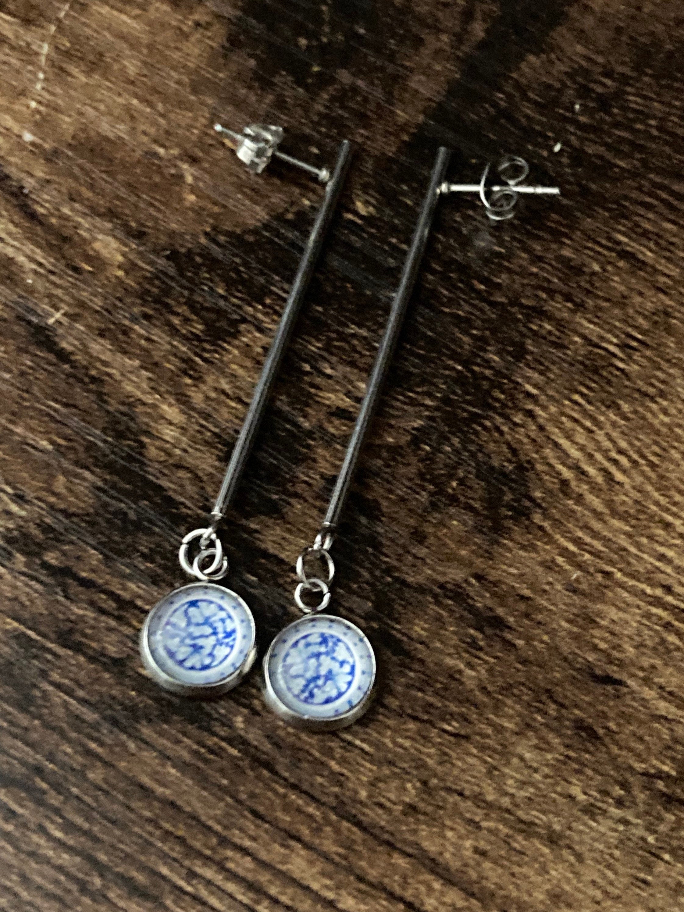 blue white floral long drop earrings for pierced ears Amari style glass cabochons