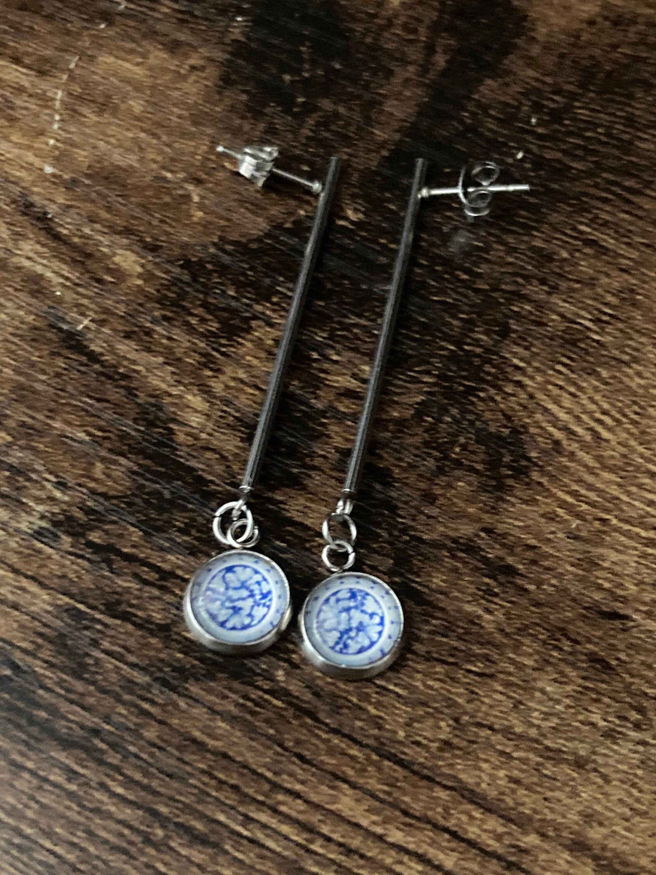 blue white floral long drop earrings for pierced ears Amari style glass cabochons