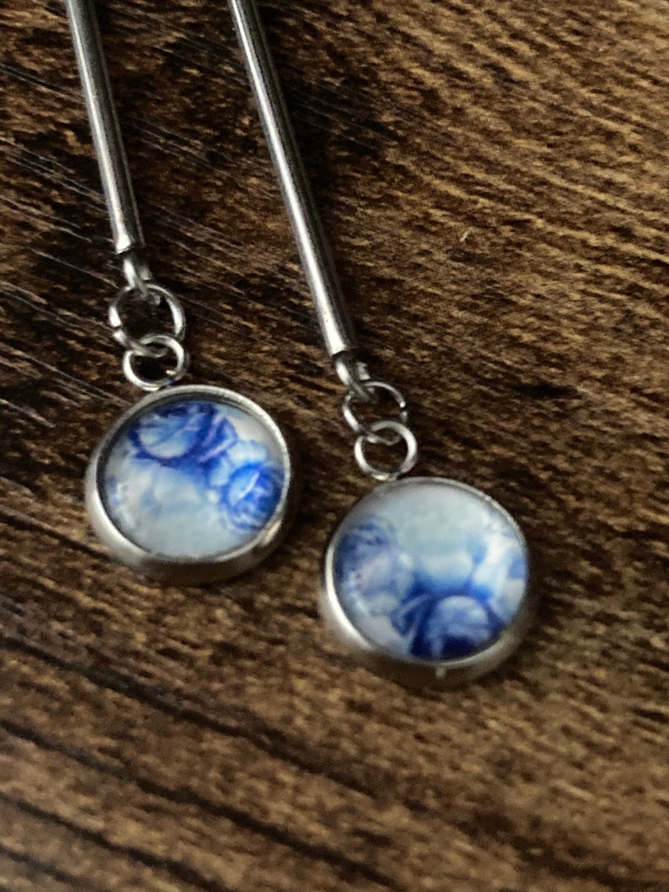 blue white floral long drop earrings for pierced ears Amari style glass cabochons Stainless steel
