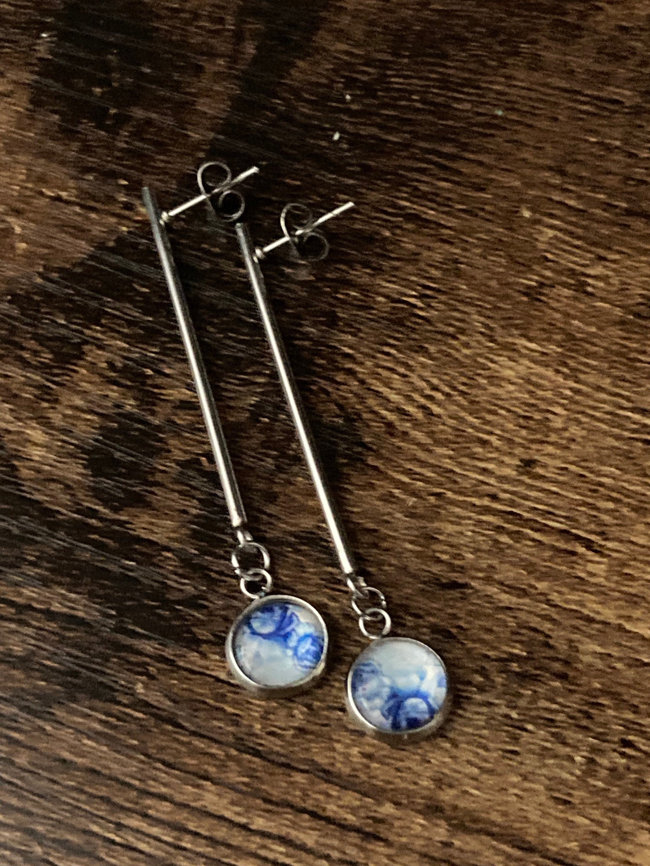 blue white floral long drop earrings for pierced ears Amari style glass cabochons Stainless steel