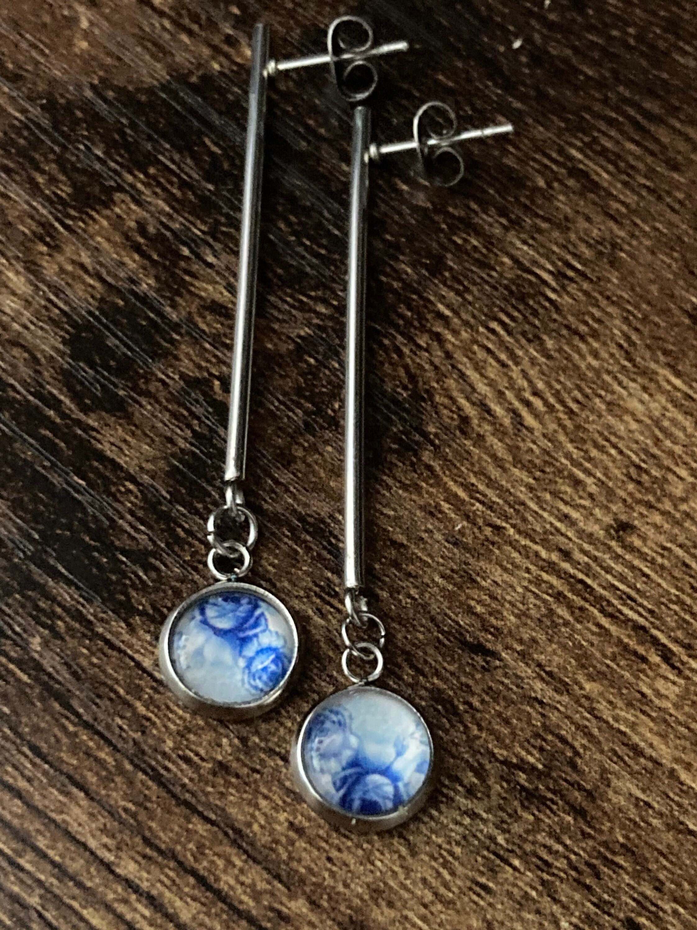 blue white floral long drop earrings for pierced ears Amari style glass cabochons Stainless steel
