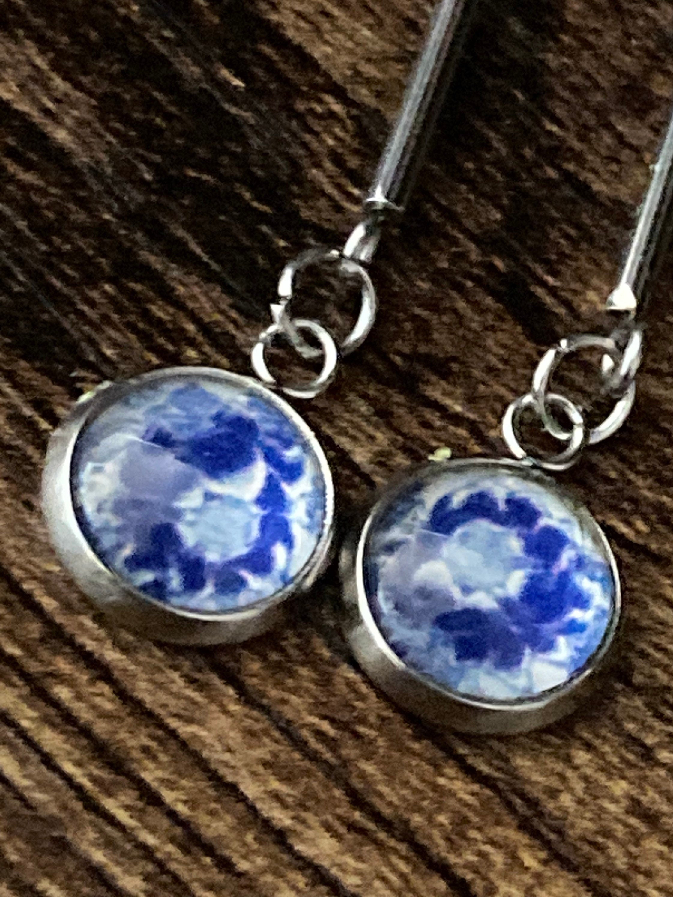 blue white floral long drop earrings for pierced ears Amari style glass cabochons