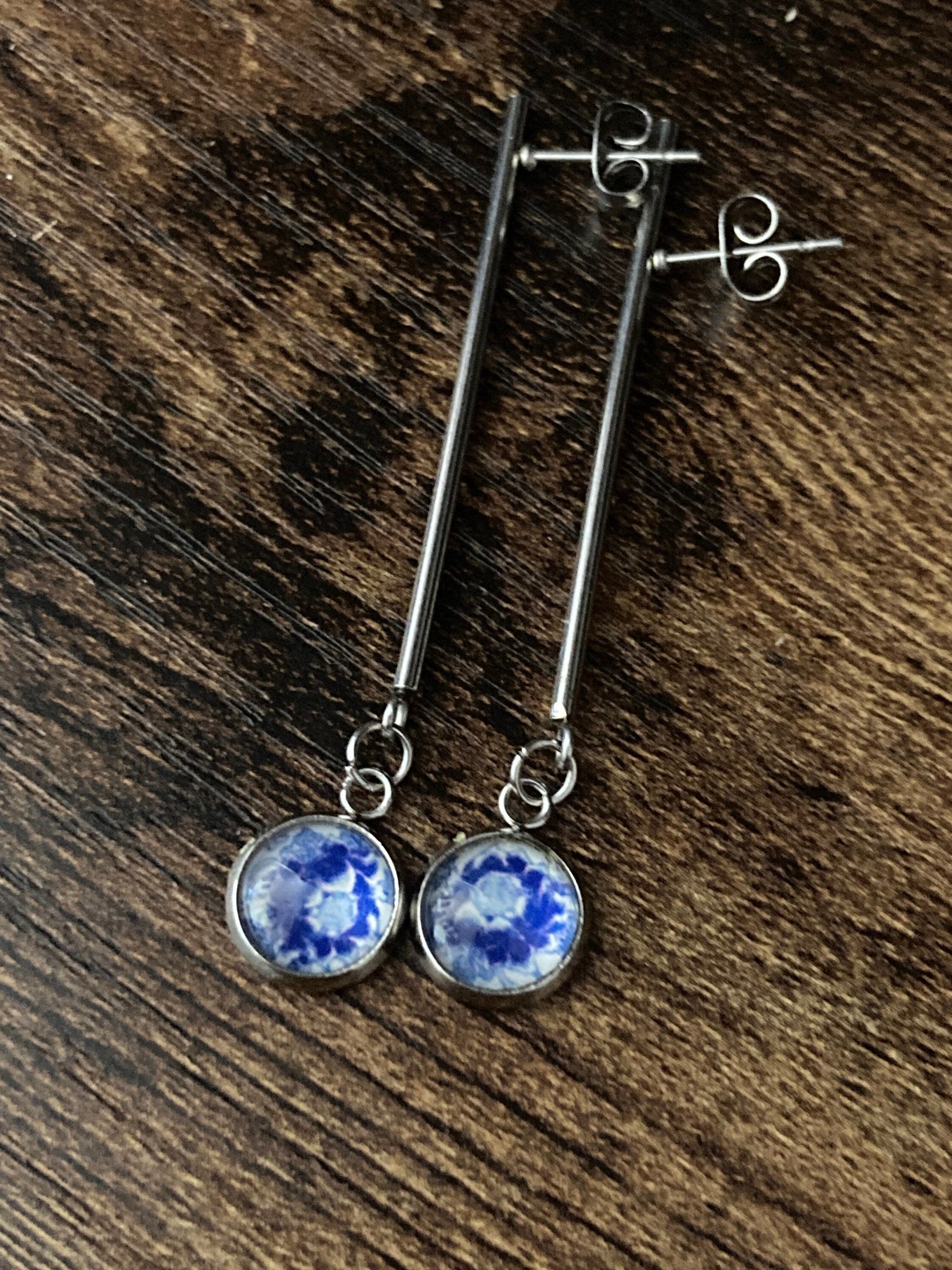 blue white floral long drop earrings for pierced ears Amari style glass cabochons