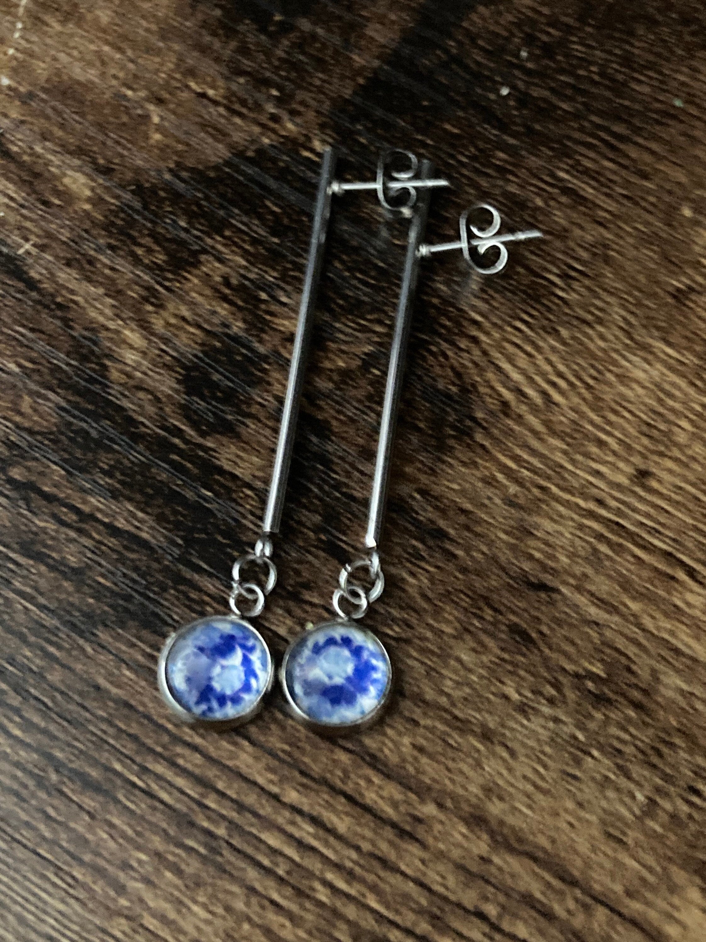 blue white floral long drop earrings for pierced ears Amari style glass cabochons