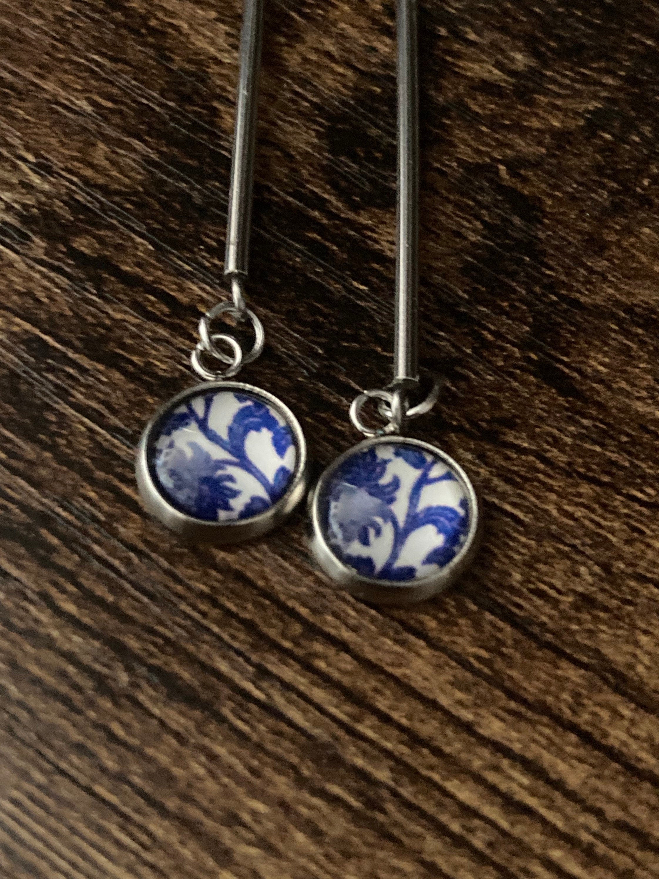 blue white floral long drop earrings for pierced ears Amari style glass cabochons