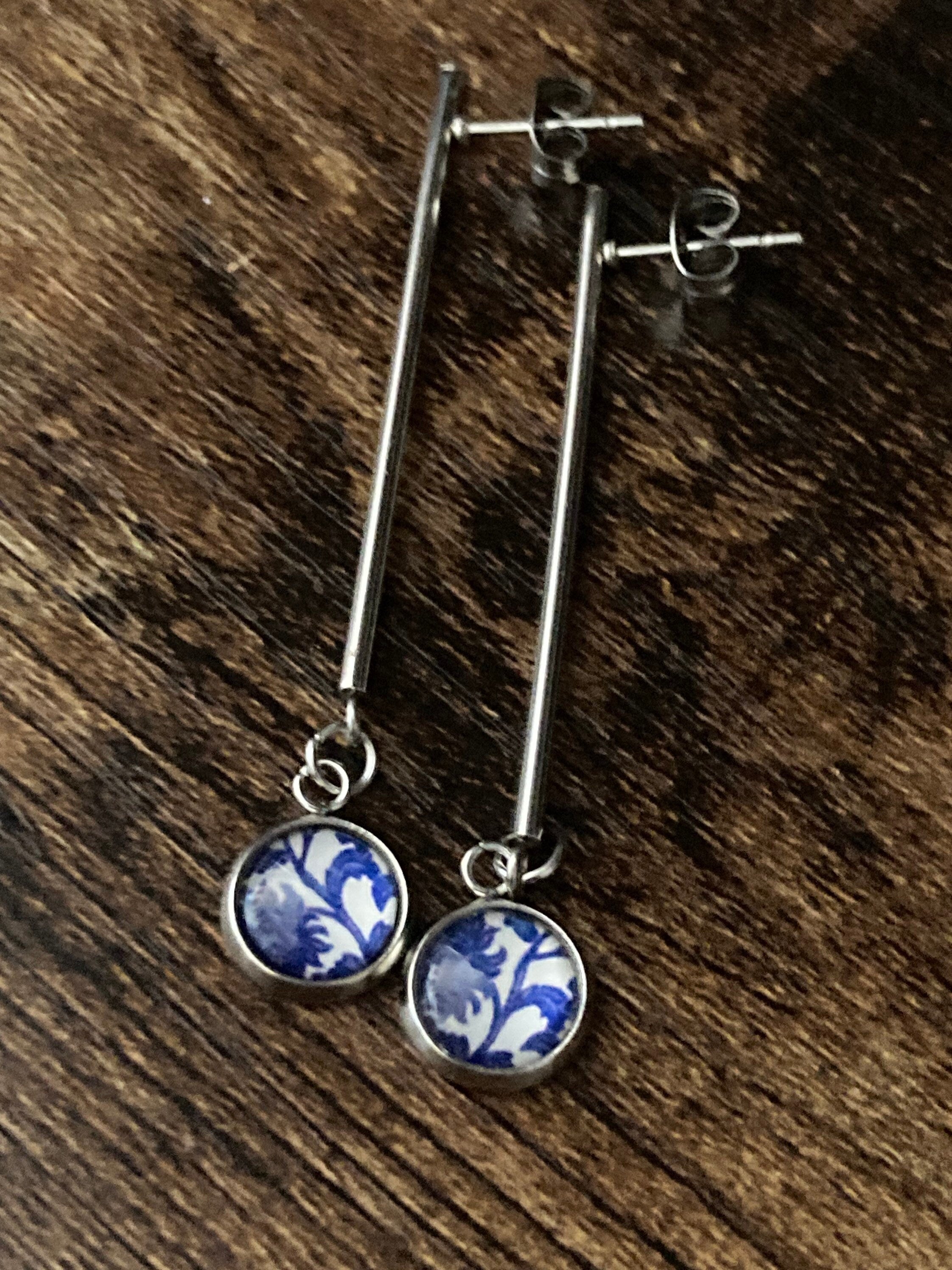 blue white floral long drop earrings for pierced ears Amari style glass cabochons