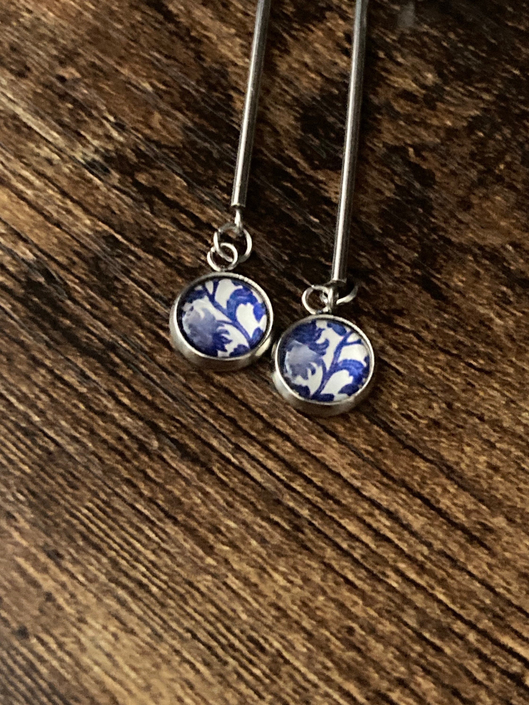 blue white floral long drop earrings for pierced ears Amari style glass cabochons