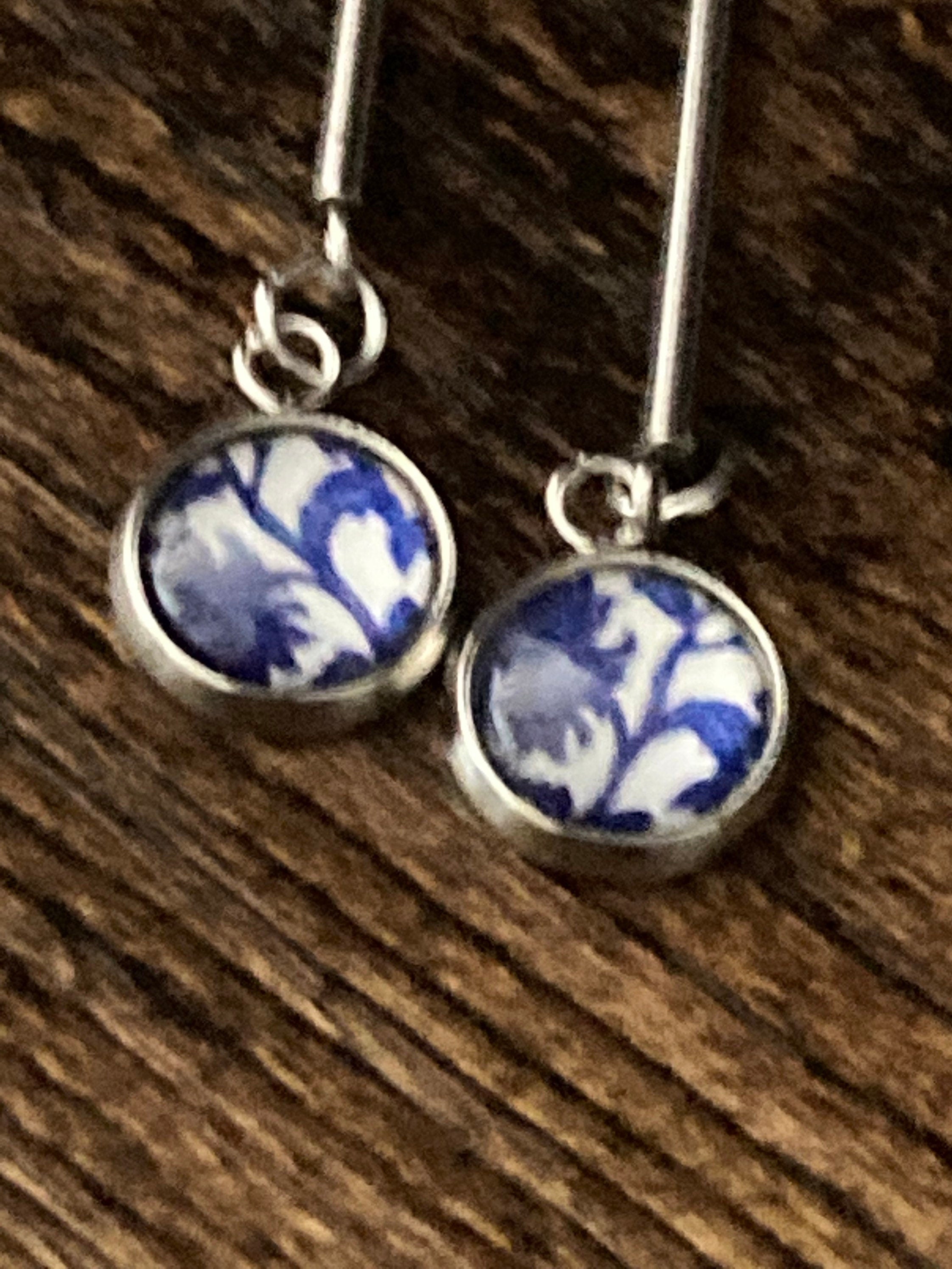 blue white floral long drop earrings for pierced ears Amari style glass cabochons