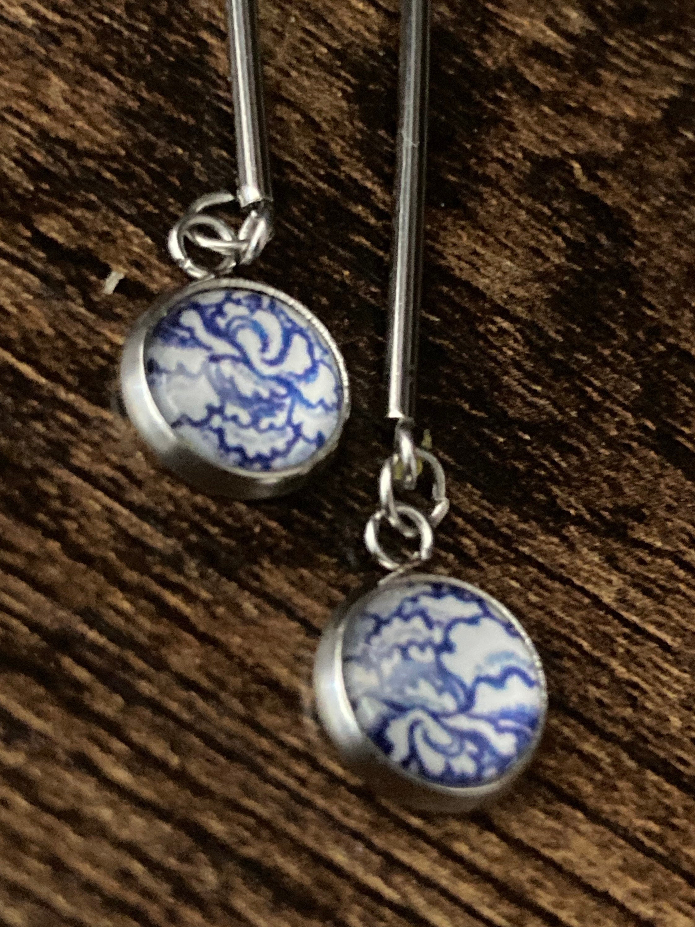blue white floral long drop earrings for pierced ears Amari style glass cabochons Stainless steel