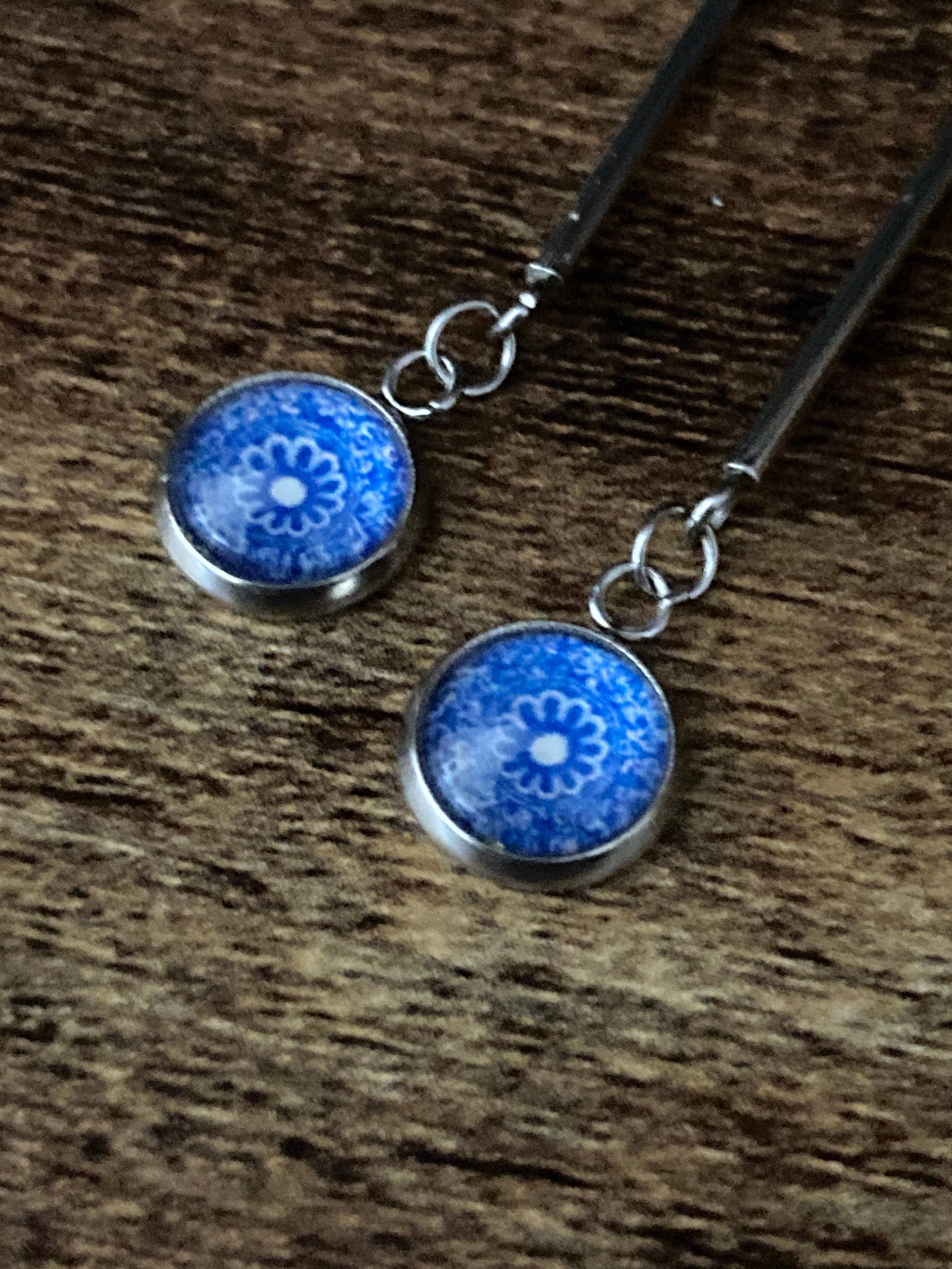 blue white floral long drop earrings for pierced ears Amari style glass cabochons Stainless steel