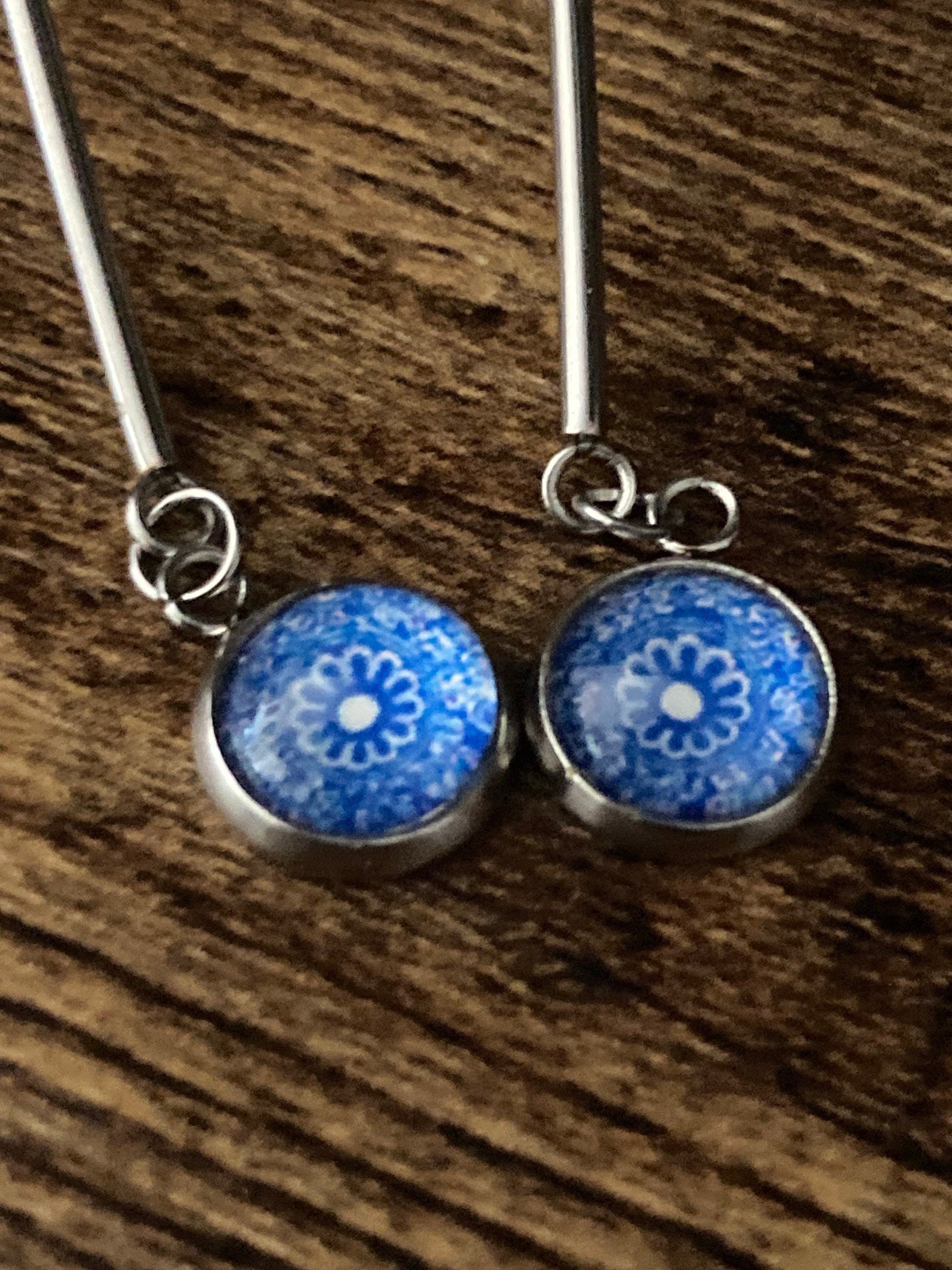 blue white floral long drop earrings for pierced ears Amari style glass cabochons Stainless steel