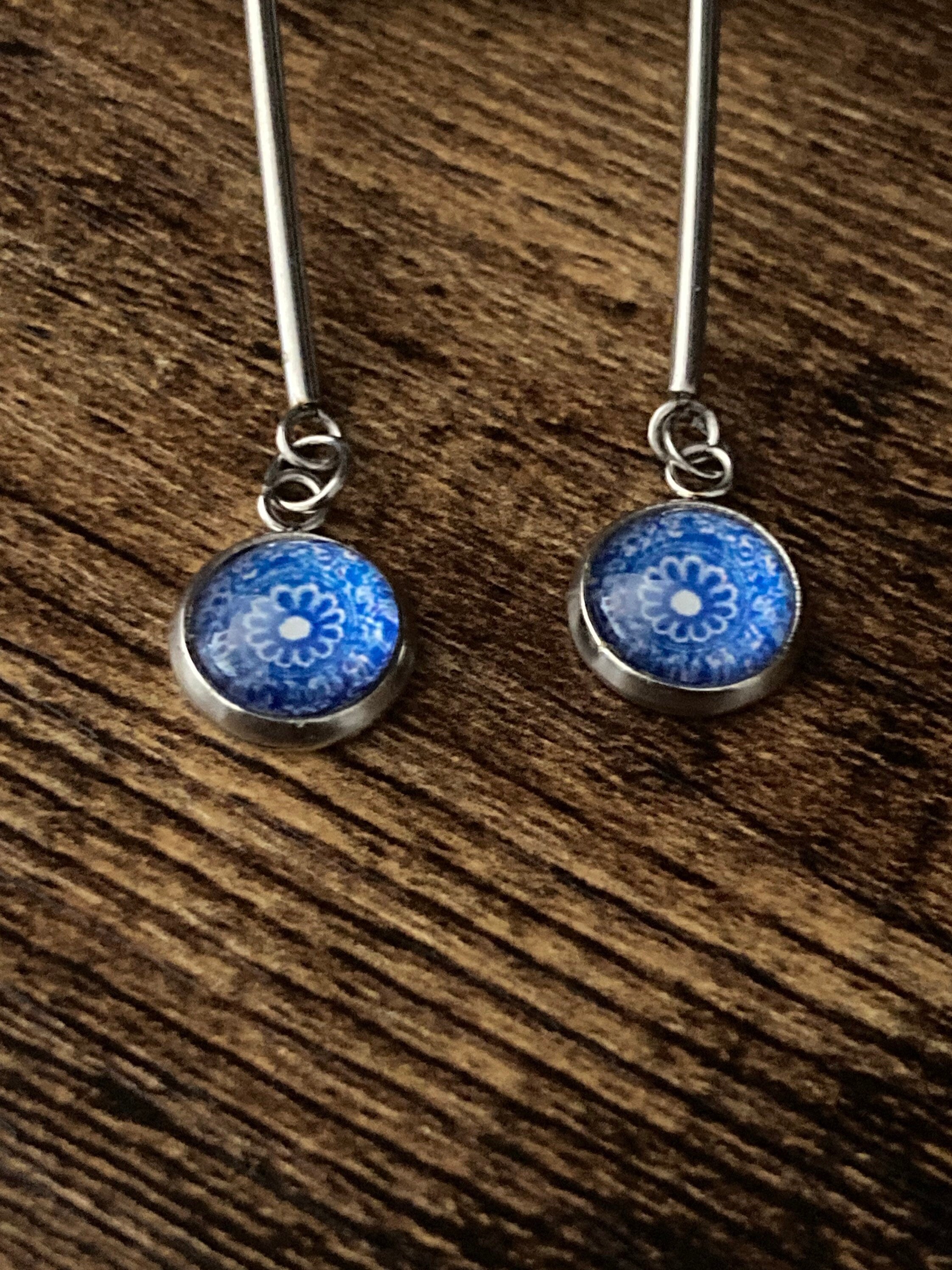 blue white floral long drop earrings for pierced ears Amari style glass cabochons Stainless steel