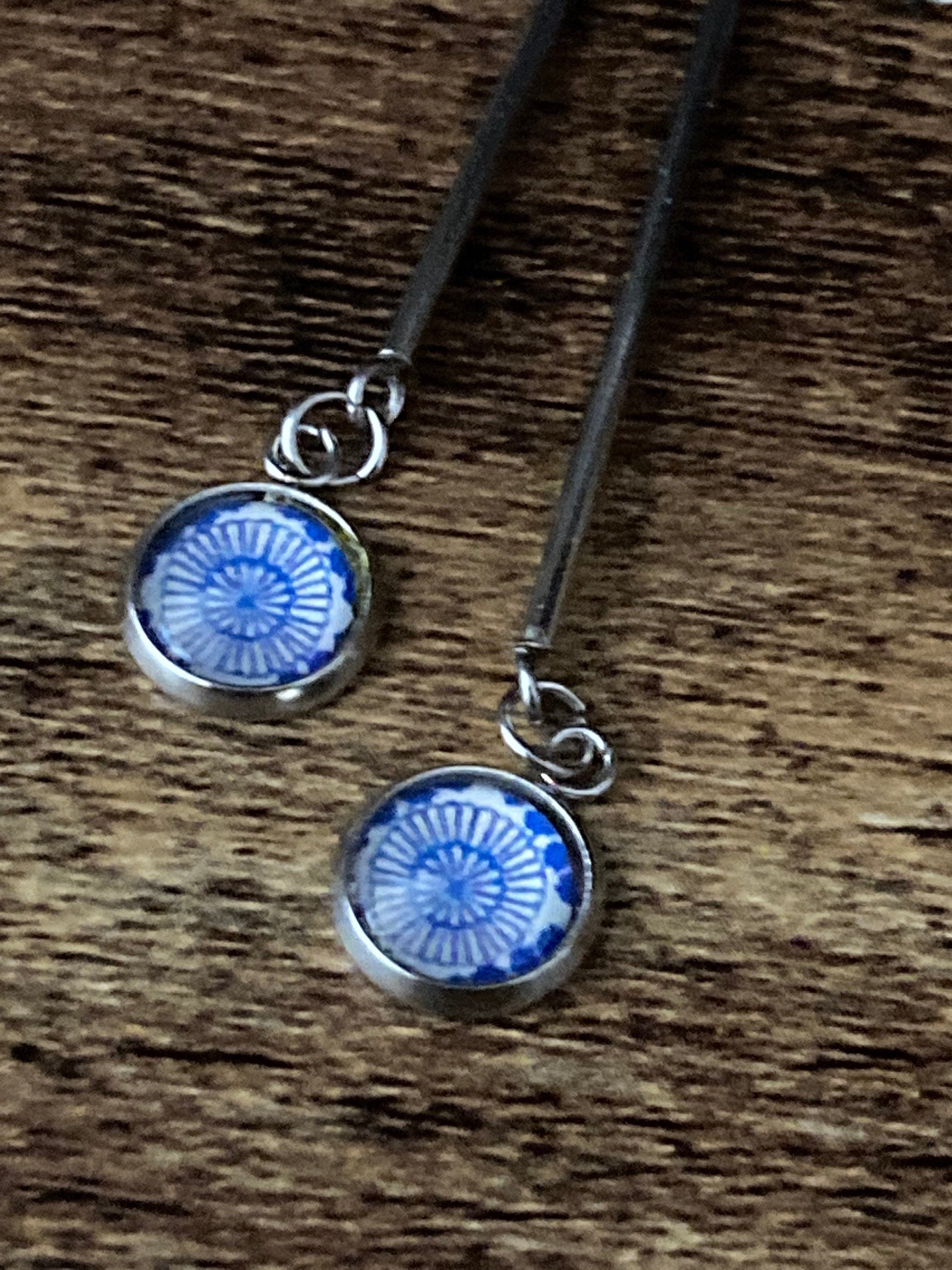 blue white floral long drop earrings for pierced ears Amari style glass cabochons Stainless steel