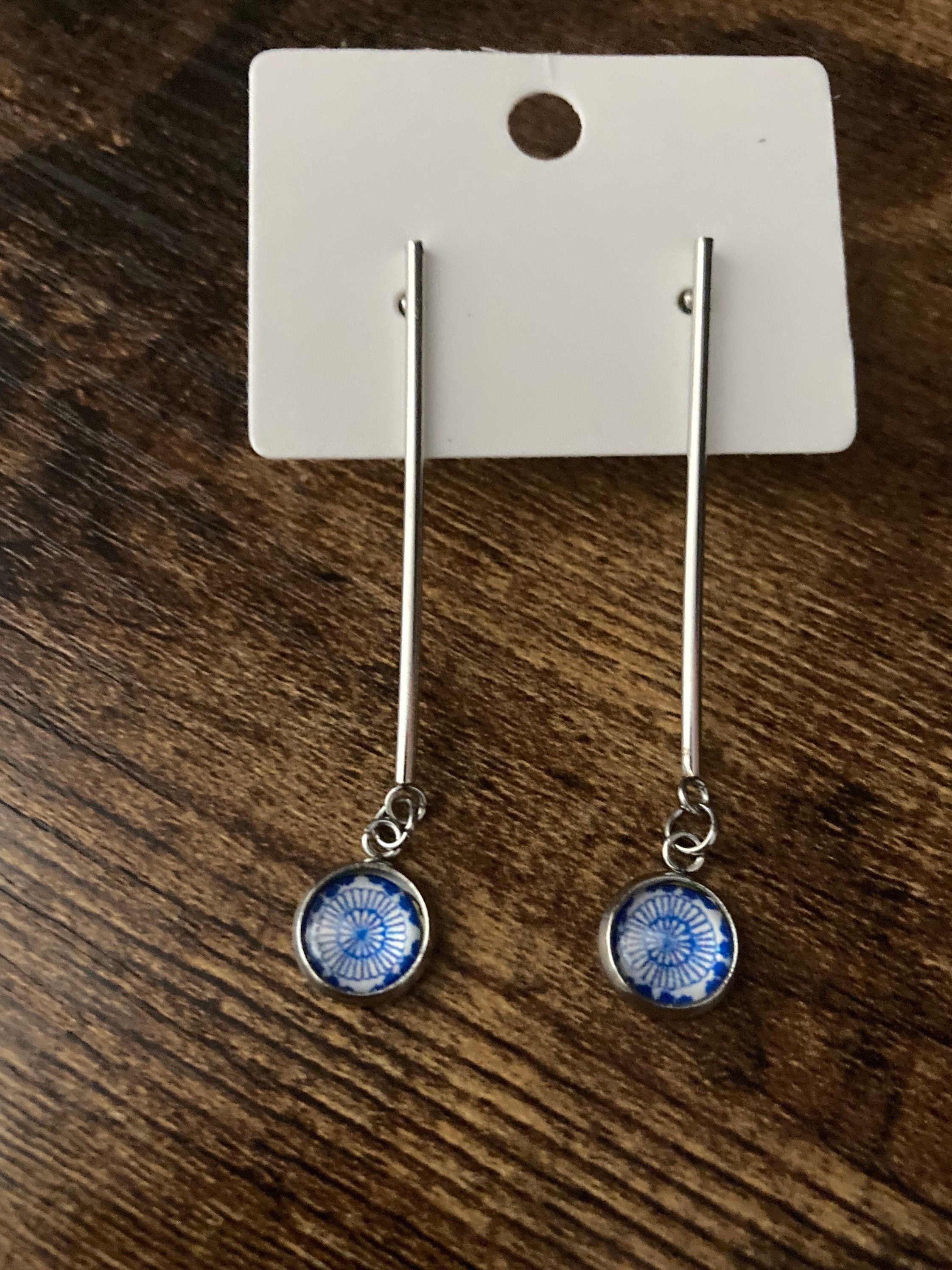 blue white floral long drop earrings for pierced ears Amari style glass cabochons Stainless steel