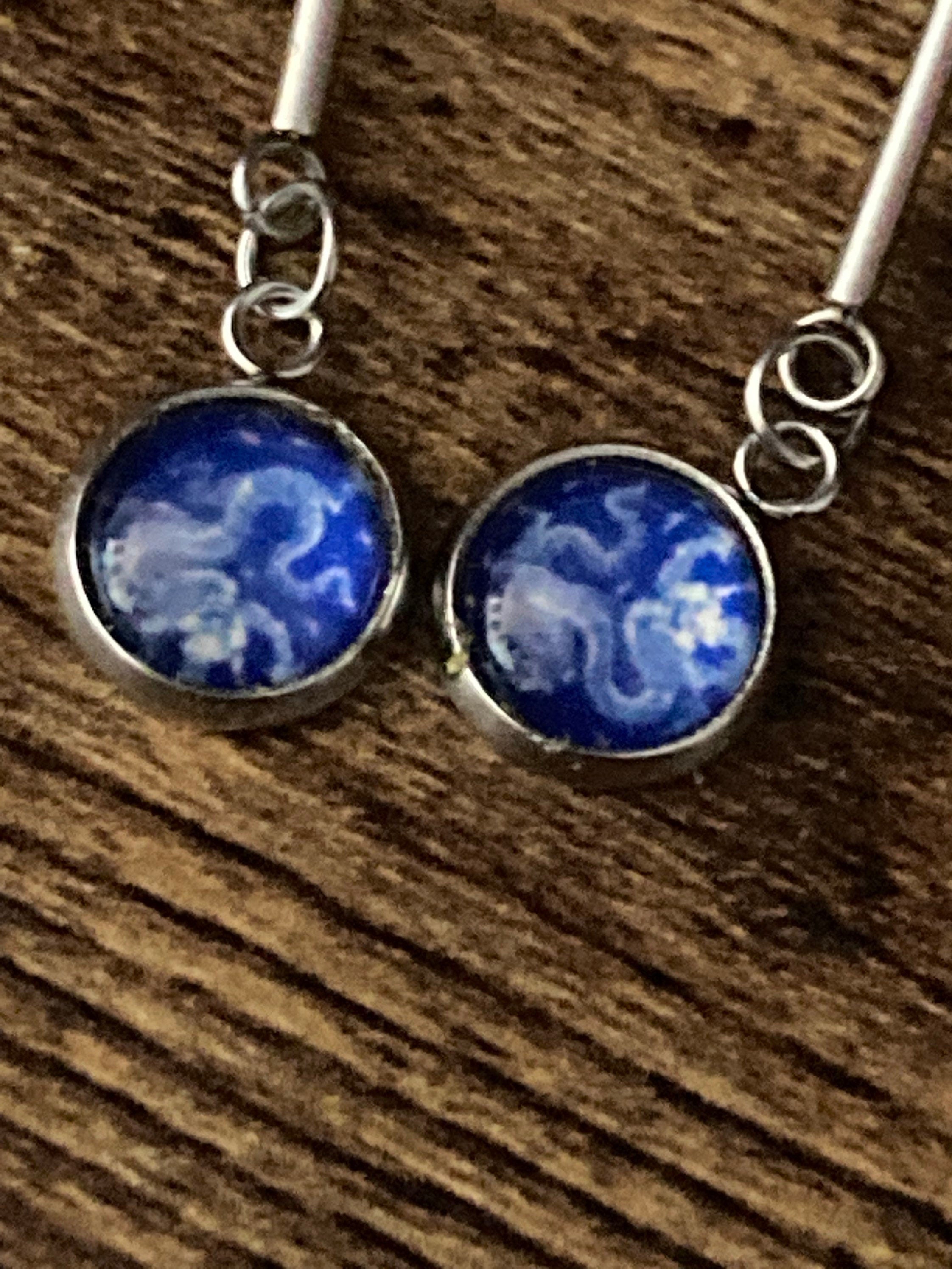 blue white floral long drop earrings for pierced ears Amari style glass cabochons Stainless steel