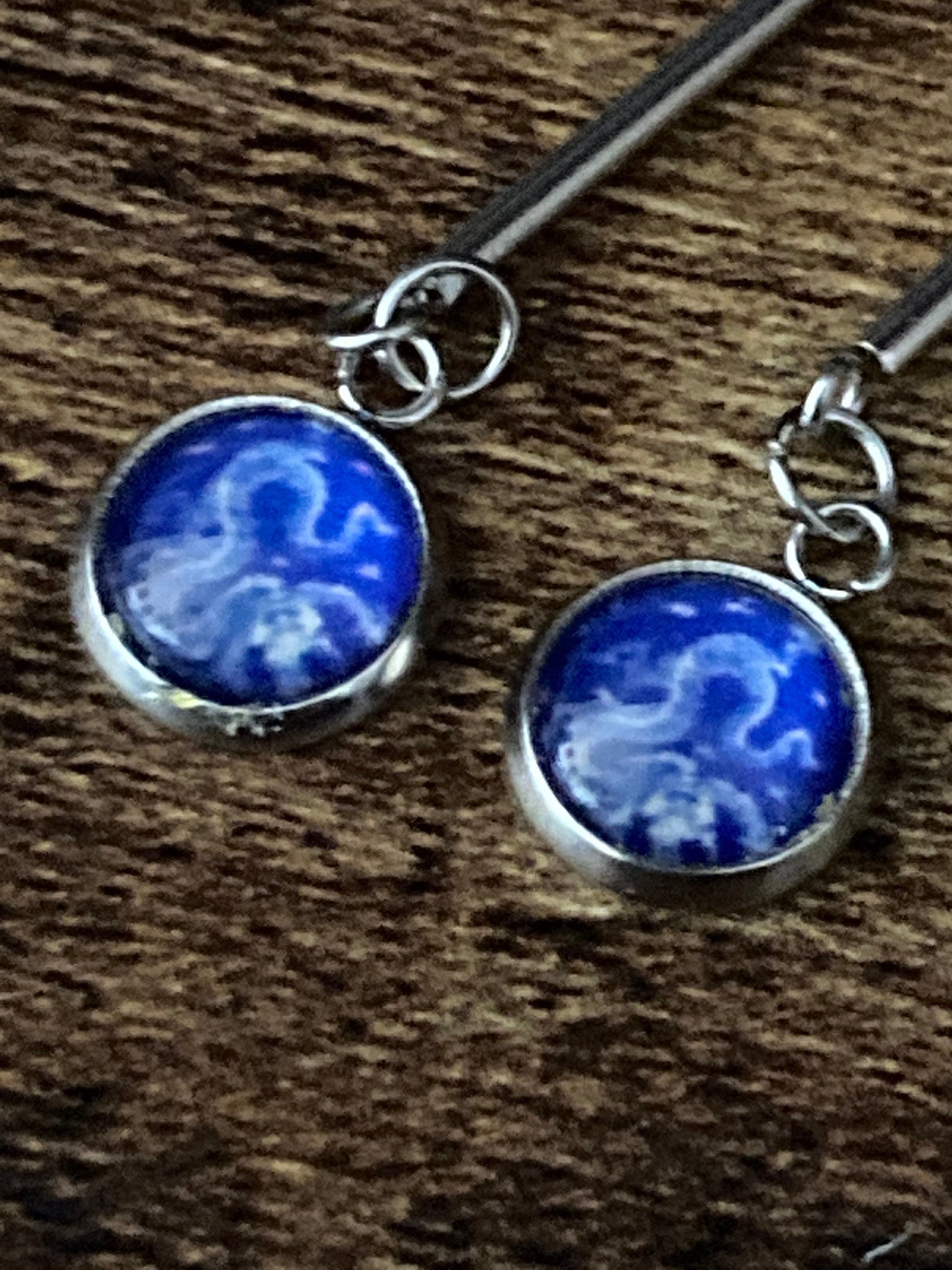 blue white floral long drop earrings for pierced ears Amari style glass cabochons Stainless steel