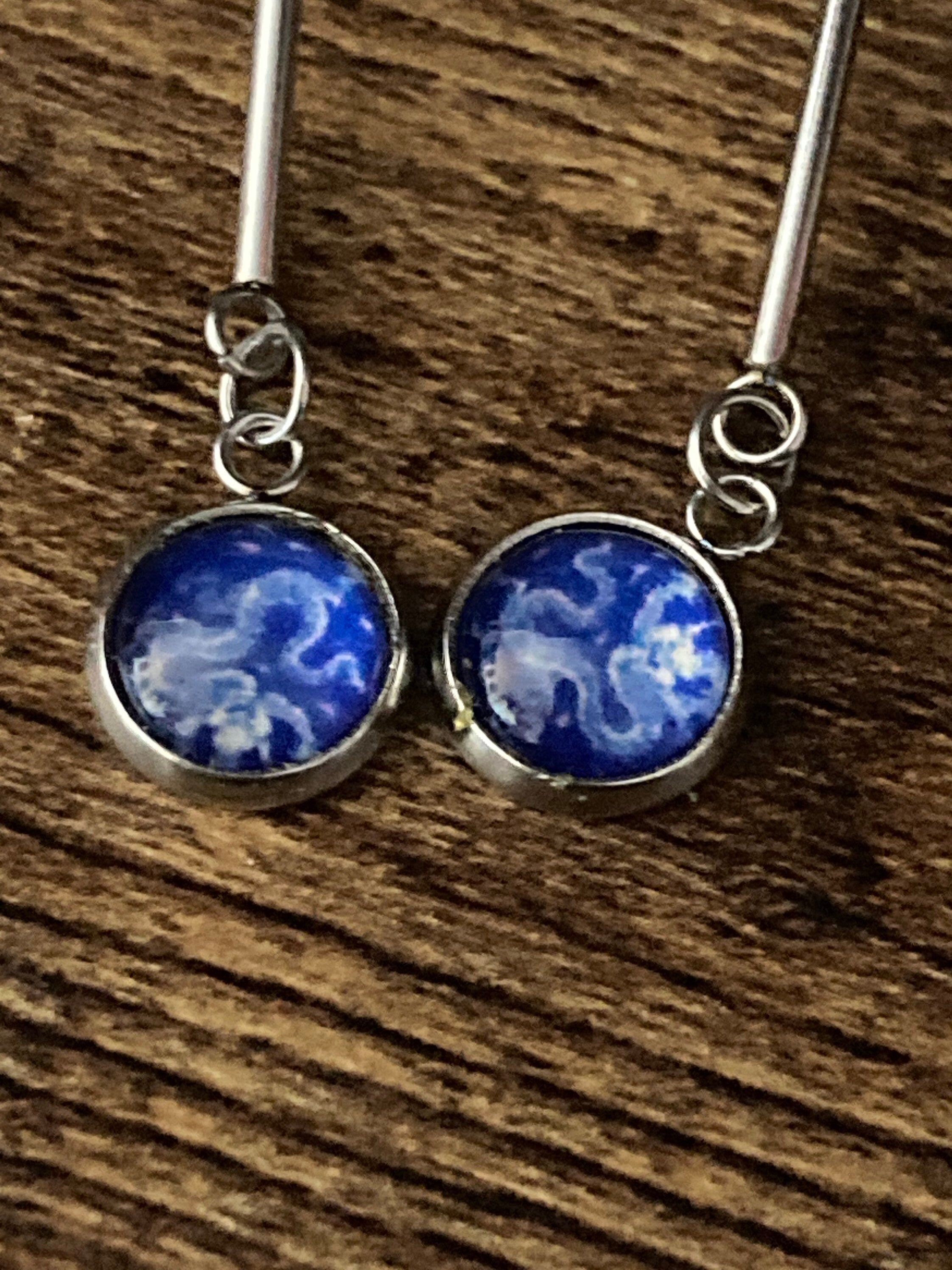 blue white floral long drop earrings for pierced ears Amari style glass cabochons Stainless steel