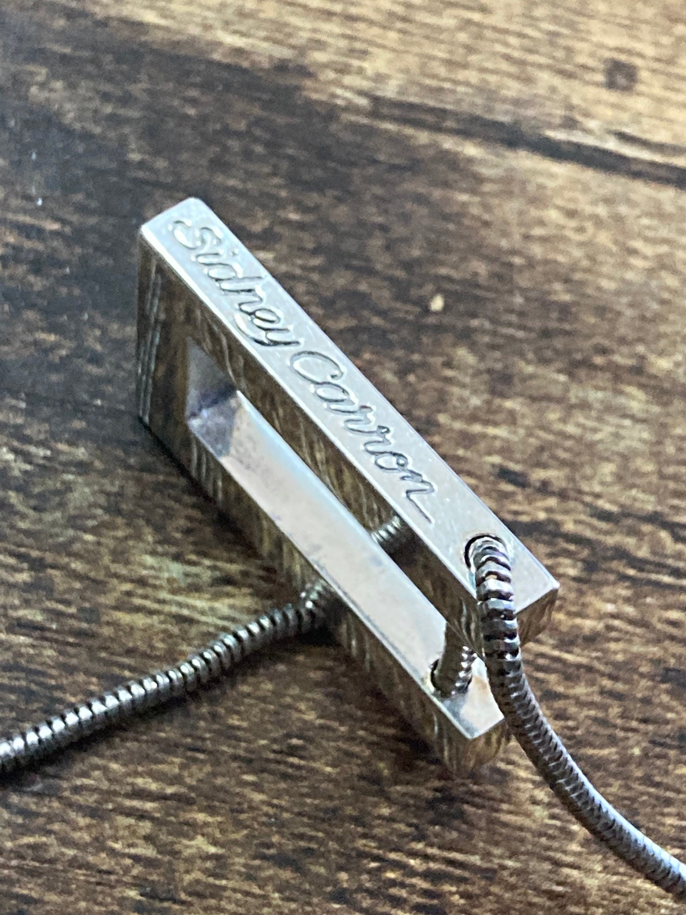 Signed SIDNEY CARRON Paris silver tone pendant and chain French designer minimalist