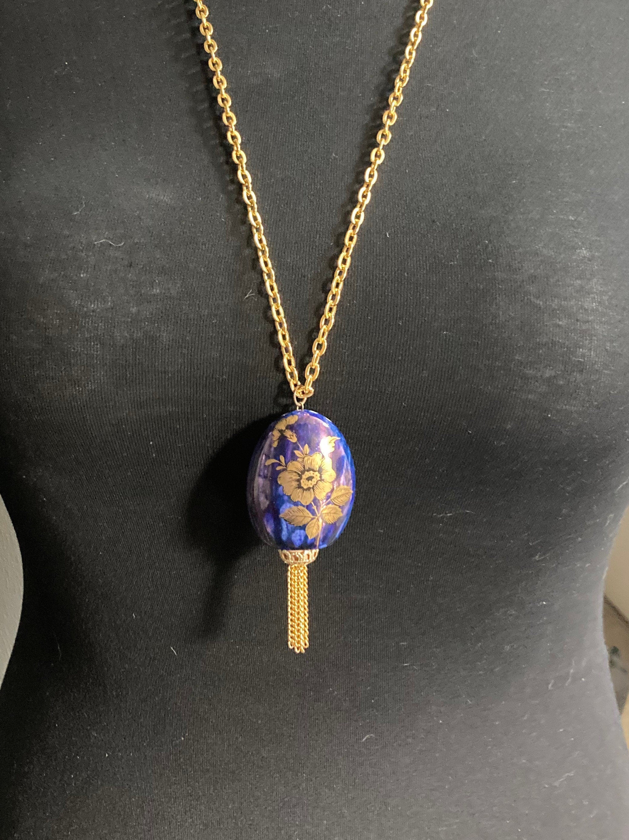 blue ceramic Pomander Pendant Necklace gold transfer printed ornate Vintage 1970s
