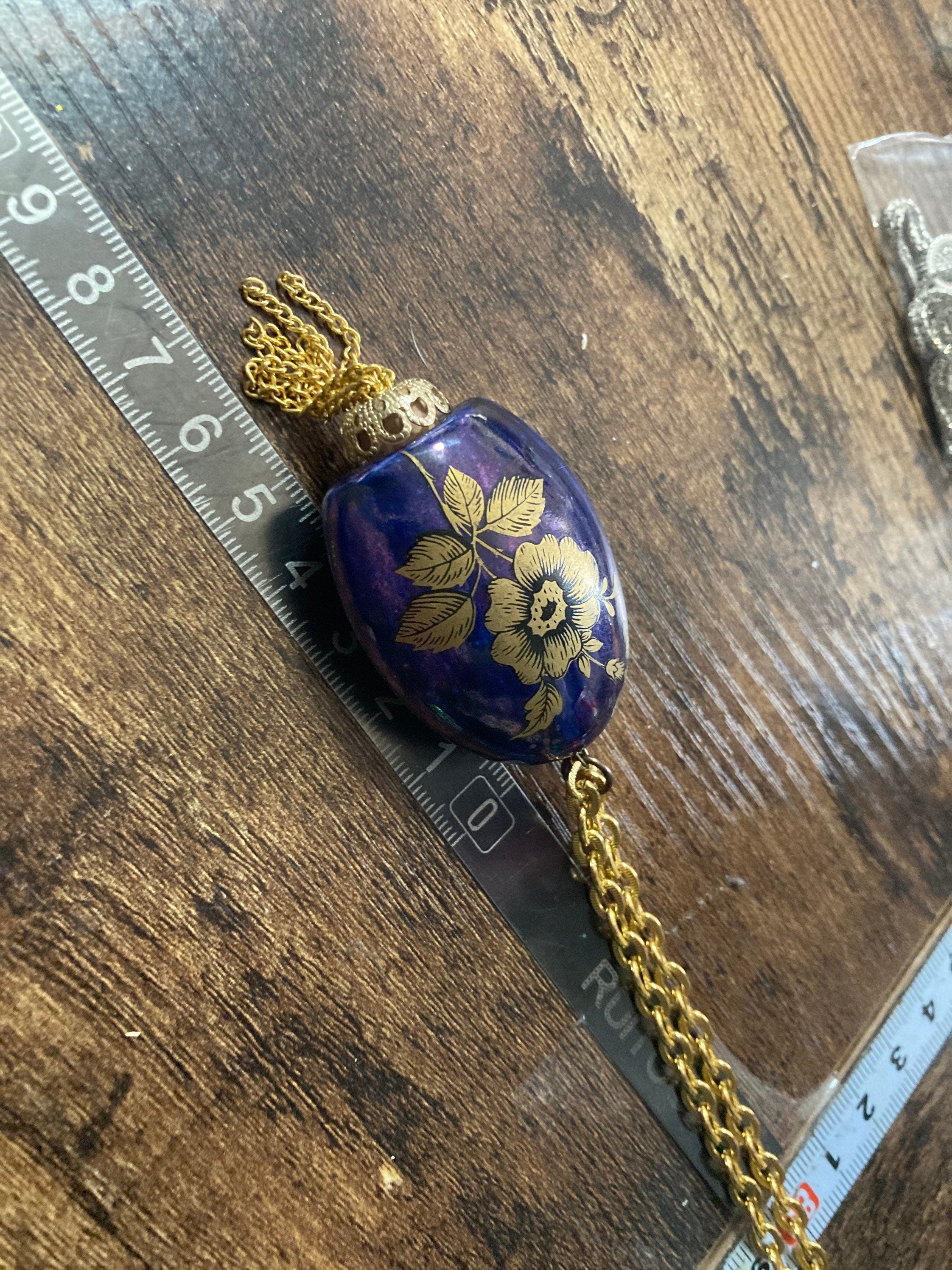 blue ceramic Pomander Pendant Necklace gold transfer printed ornate Vintage 1970s