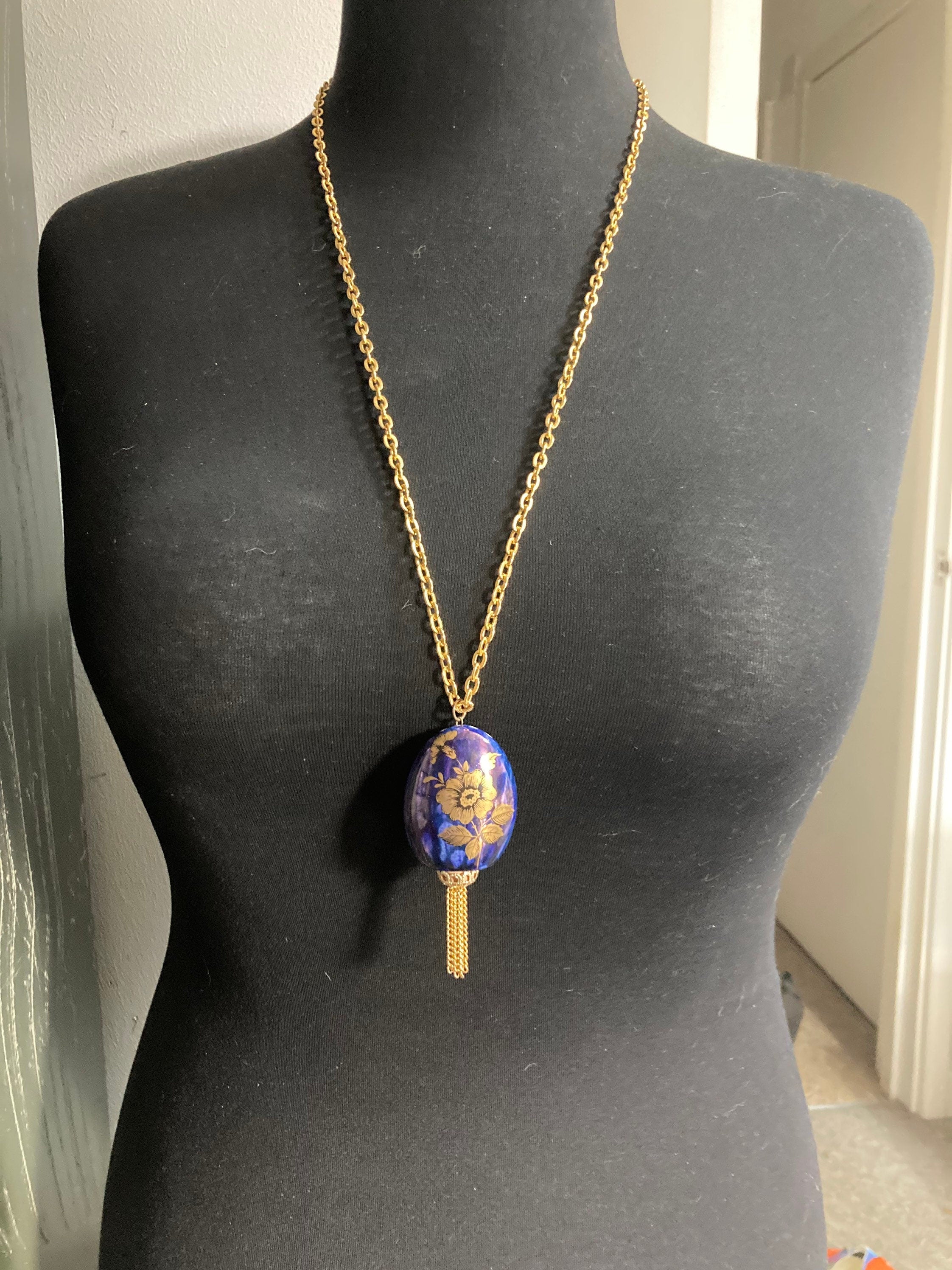 blue ceramic Pomander Pendant Necklace gold transfer printed ornate Vintage 1970s
