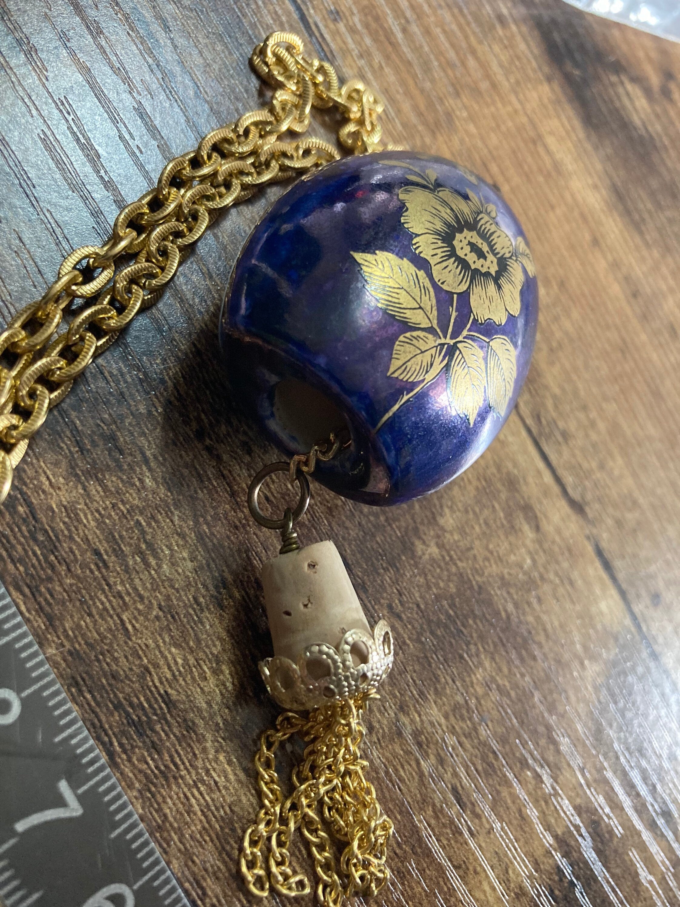 blue ceramic Pomander Pendant Necklace gold transfer printed ornate Vintage 1970s