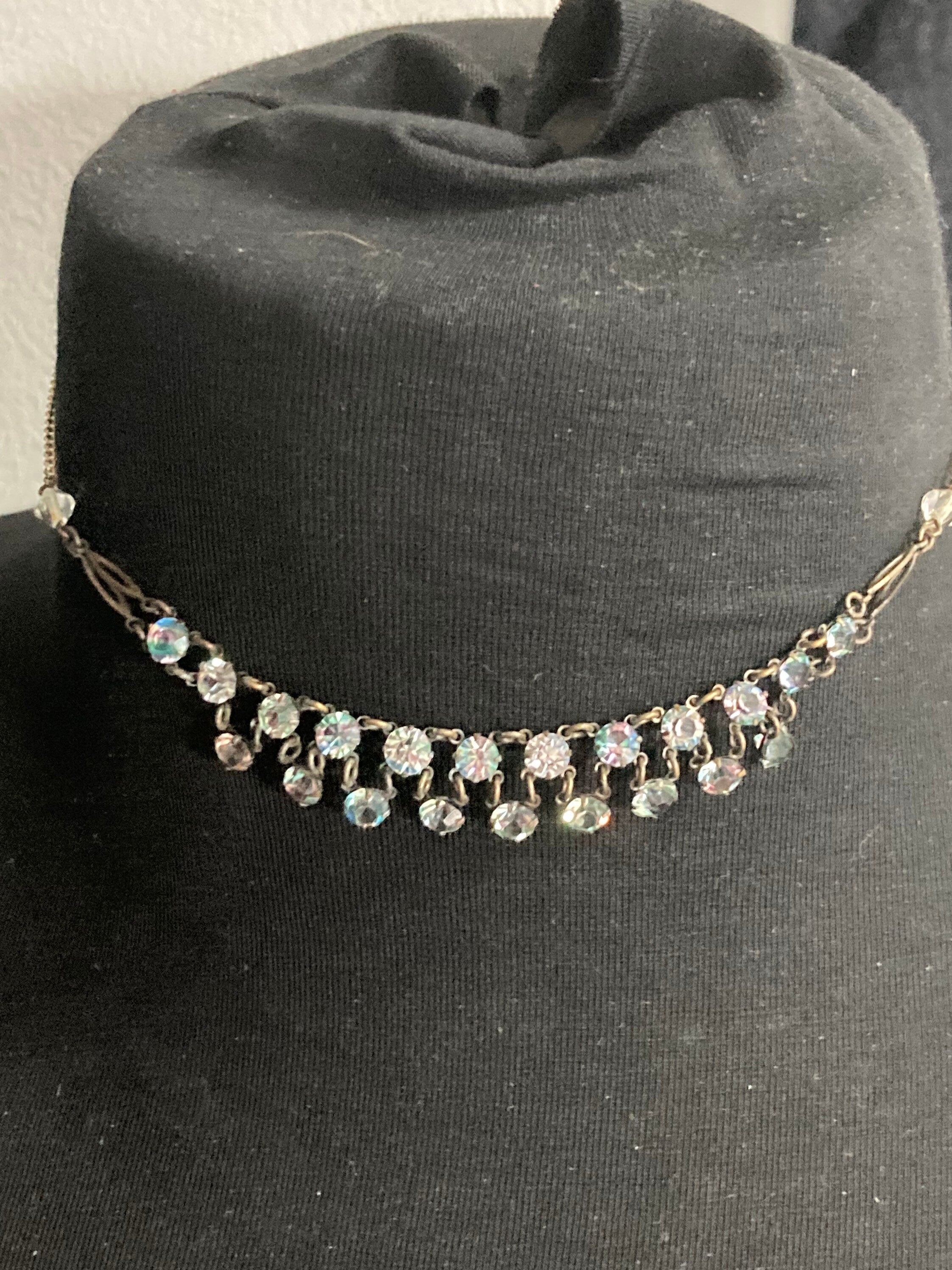 Petite 38cm iris glass necklace open back crystal diamanté paste dainty Vintage Art Deco