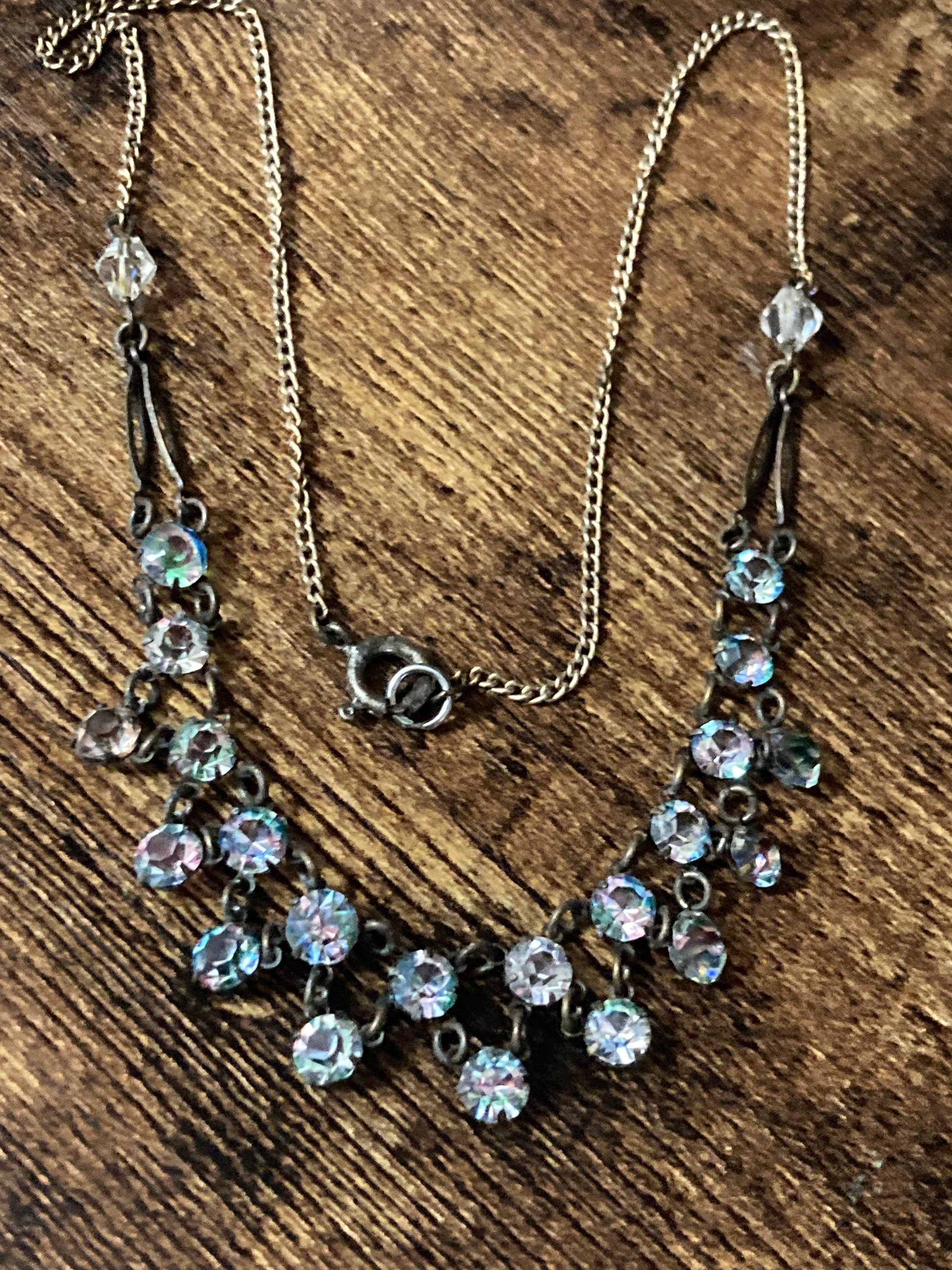 Petite 38cm iris glass necklace open back crystal diamanté paste dainty Vintage Art Deco