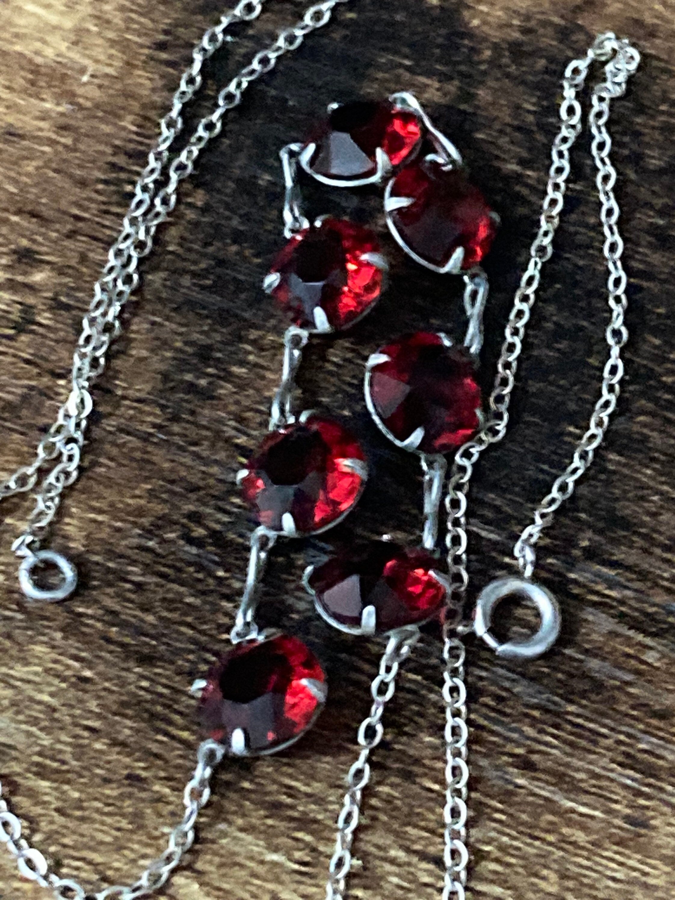 Ruby red Czech necklace Sterling silver Art Deco Open Back crystal stones