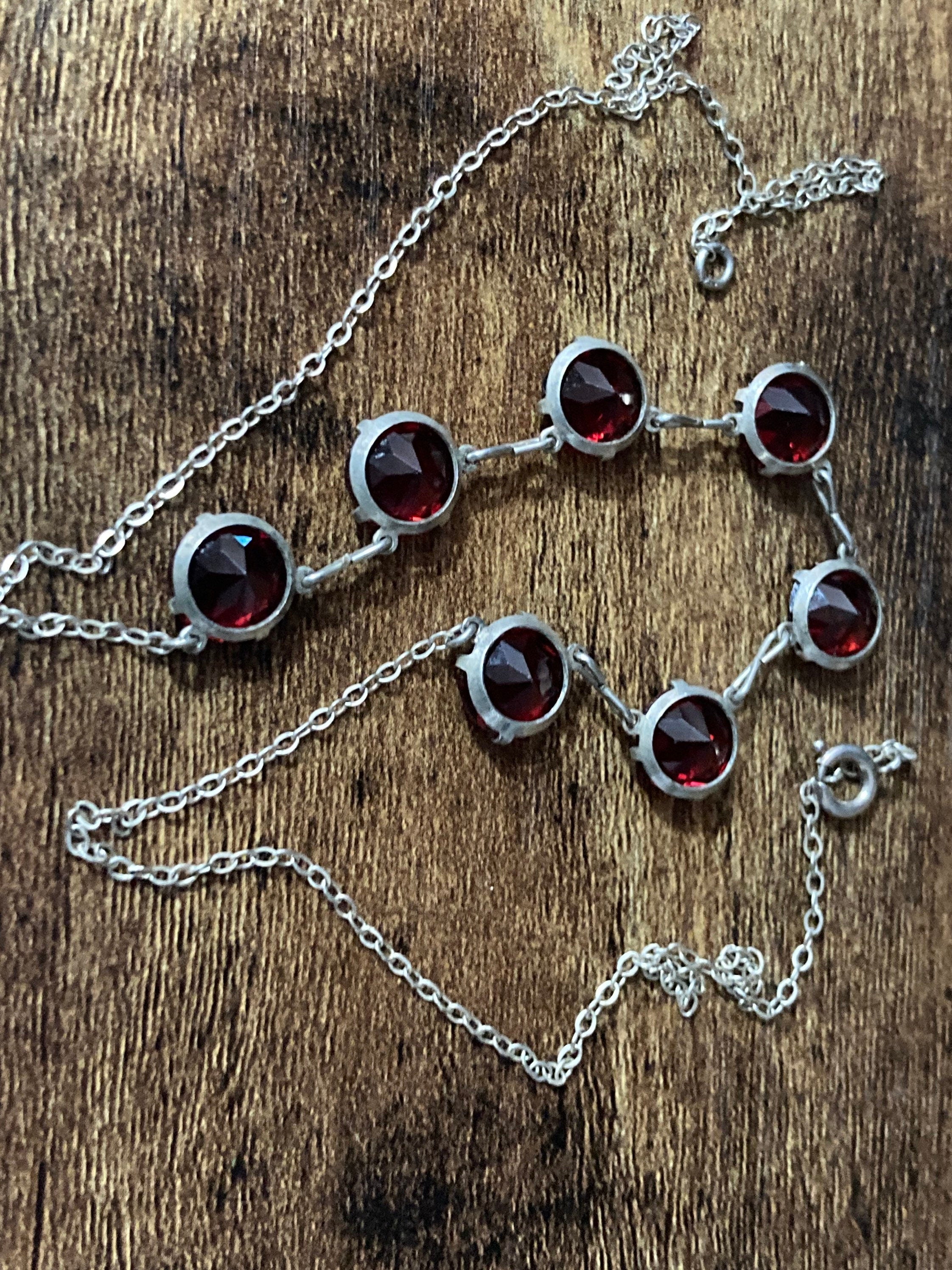 Ruby red Czech necklace Sterling silver Art Deco Open Back crystal stones