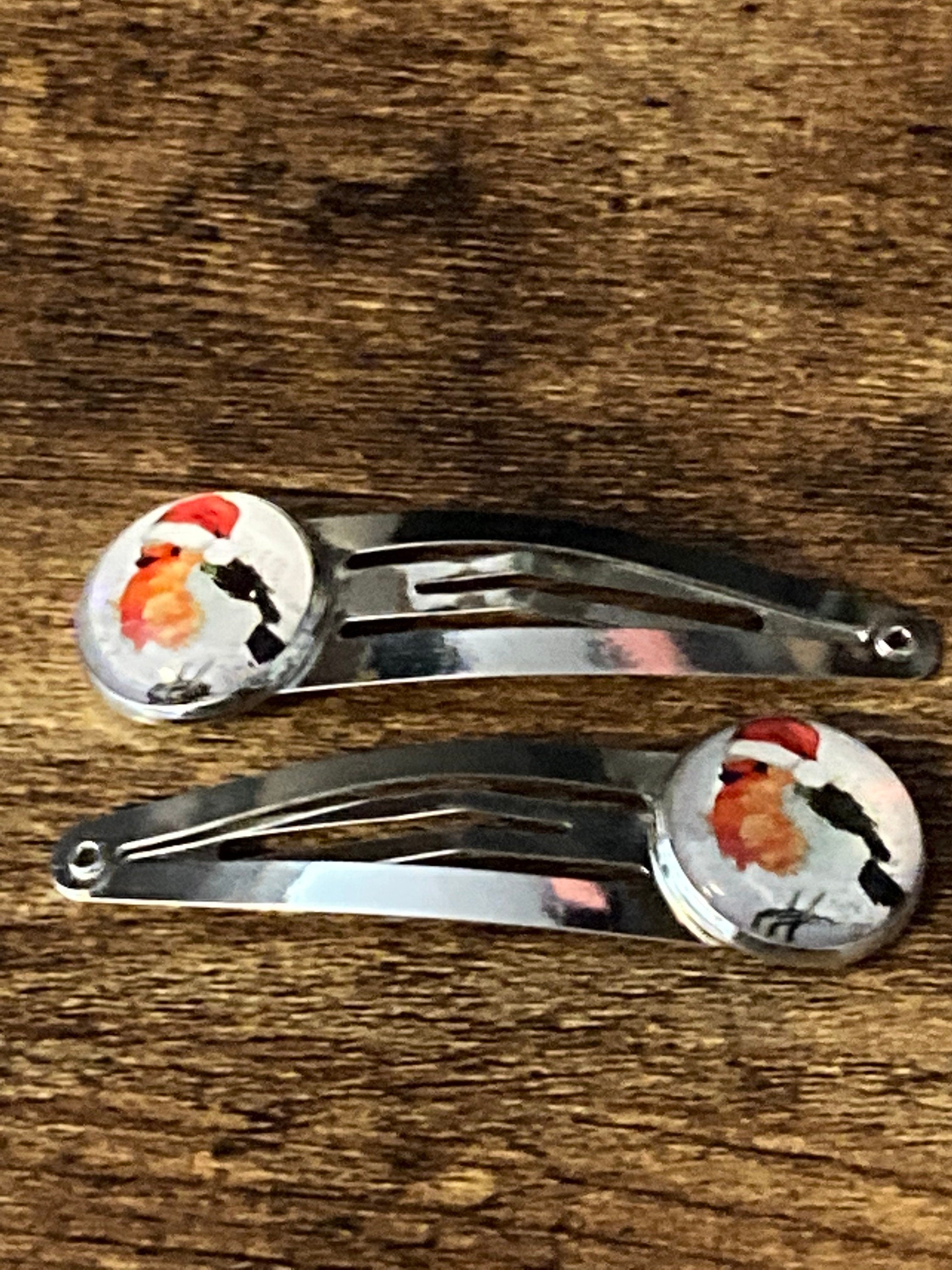 Pair of silver Christmas robin hair slides hair grips