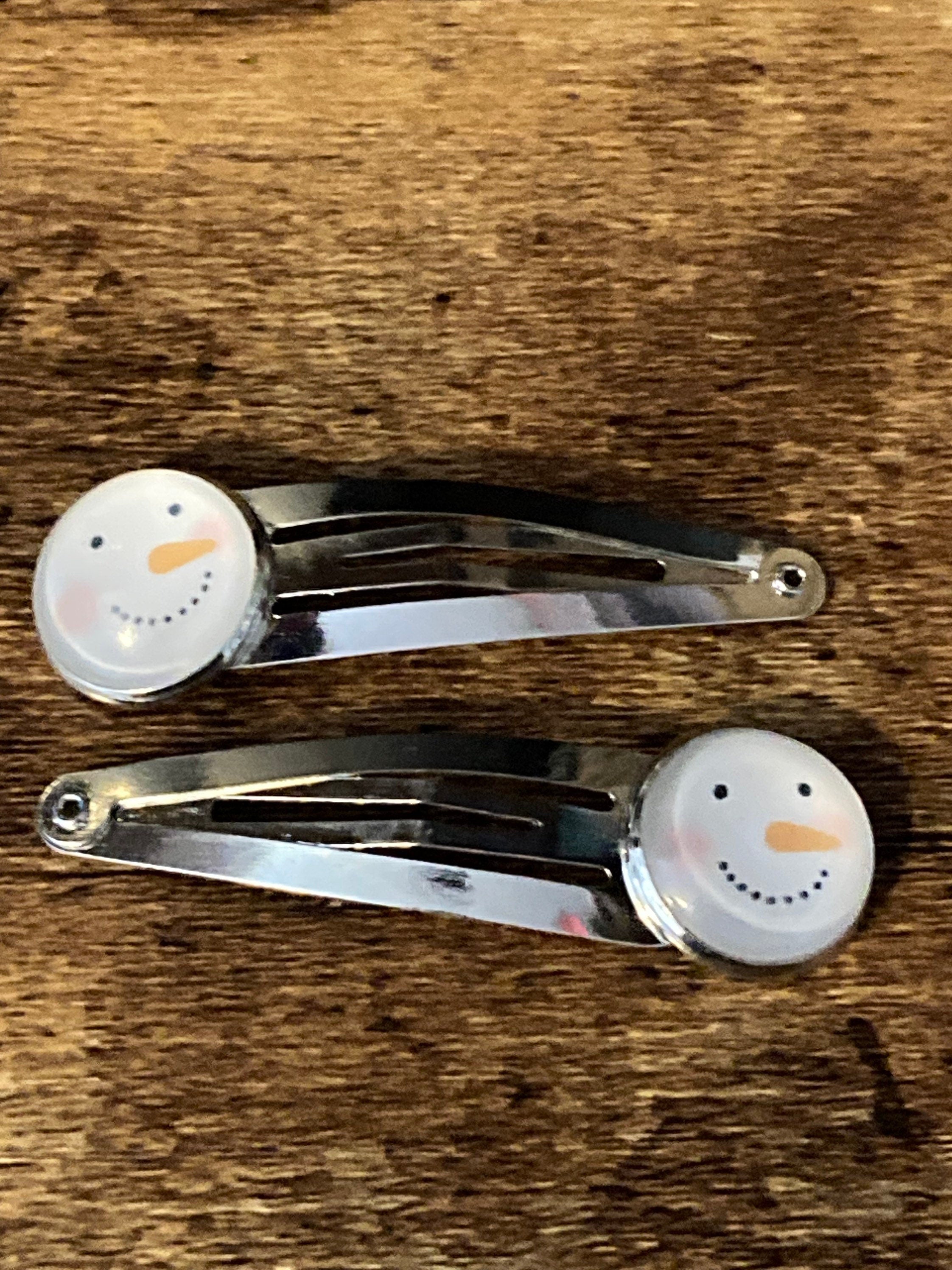 Pair of 2 Christmas snowman silver hair slides