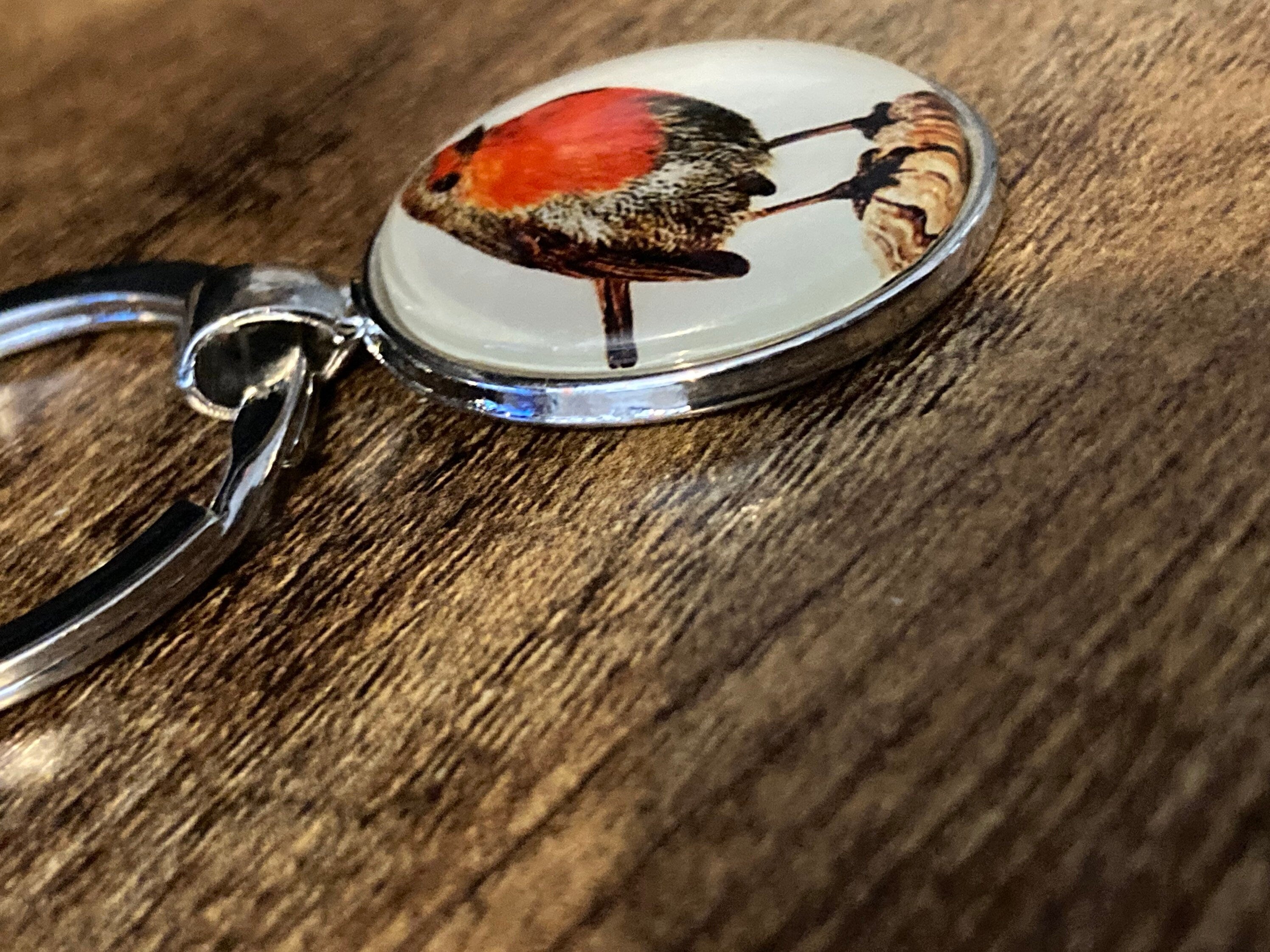 Handmade robin garden bird silver tone keyring with 25mm glass cabochon