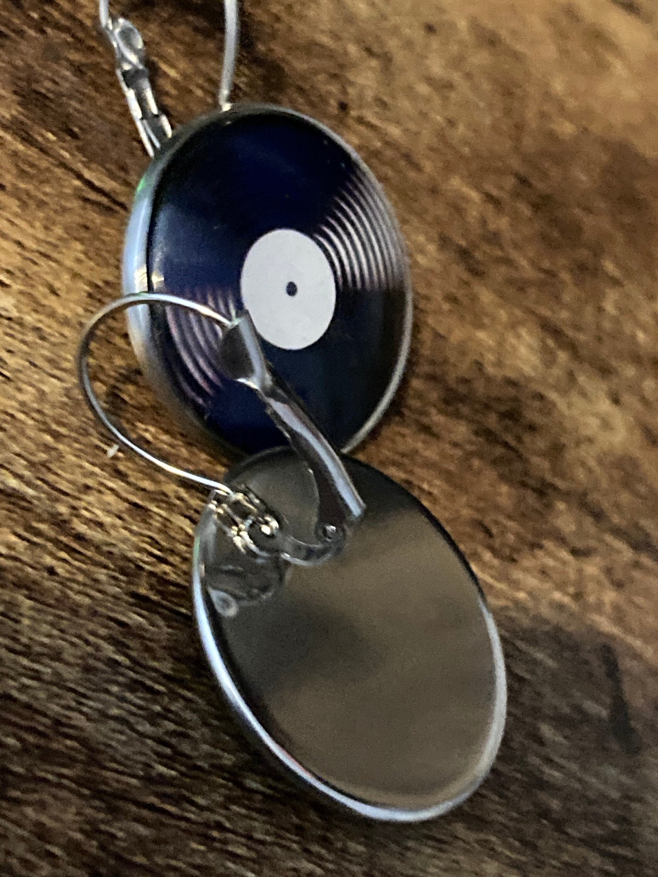 Large Vinyl record drop earrings 2.5cm Retro style Black white