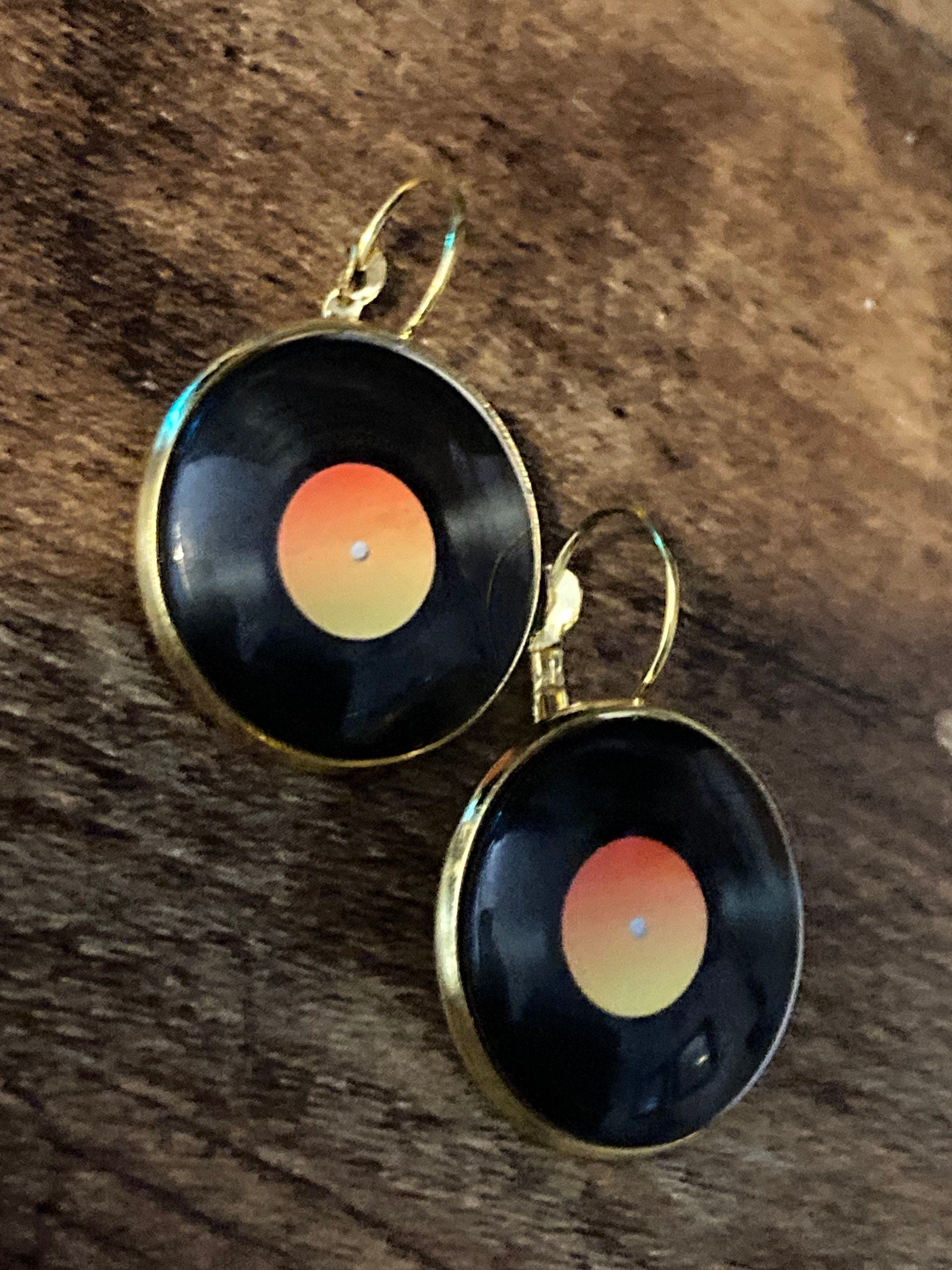 25mm Vinyl record drop earrings glass Retro style Black orange disc