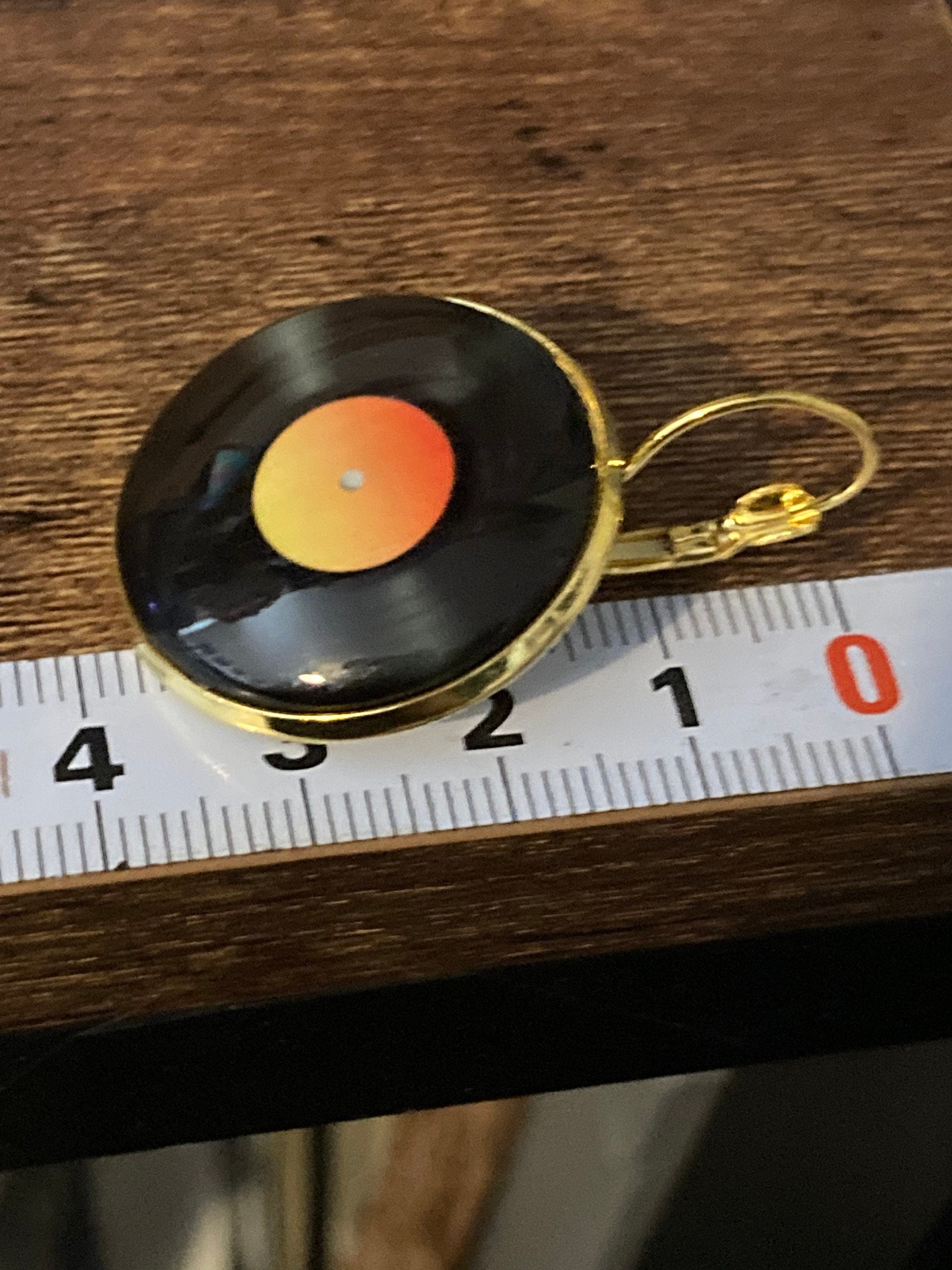 25mm Vinyl record drop earrings glass Retro style Black orange disc