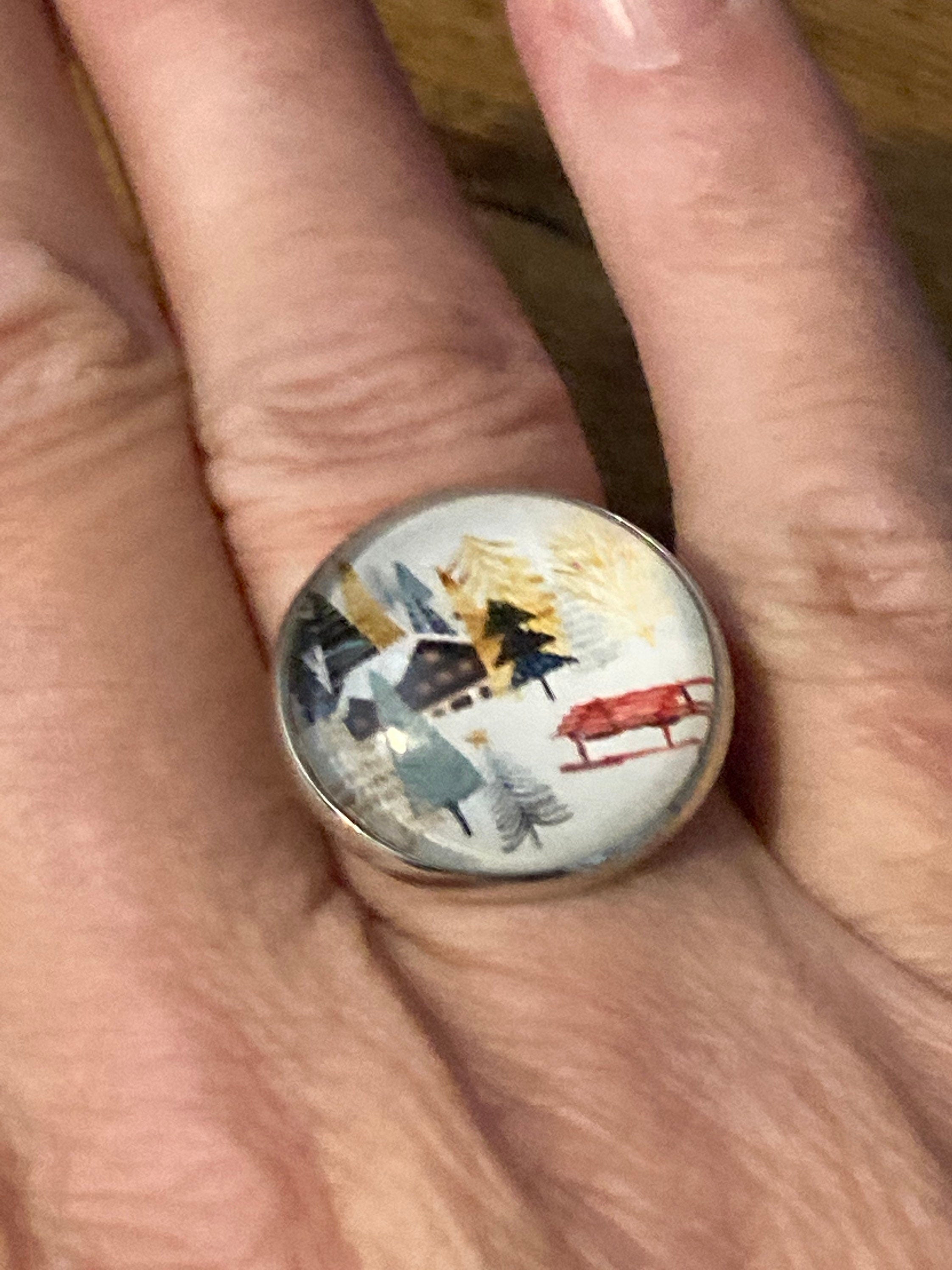 Scandinavian Nordic round glass cabochon adjustable dress ring