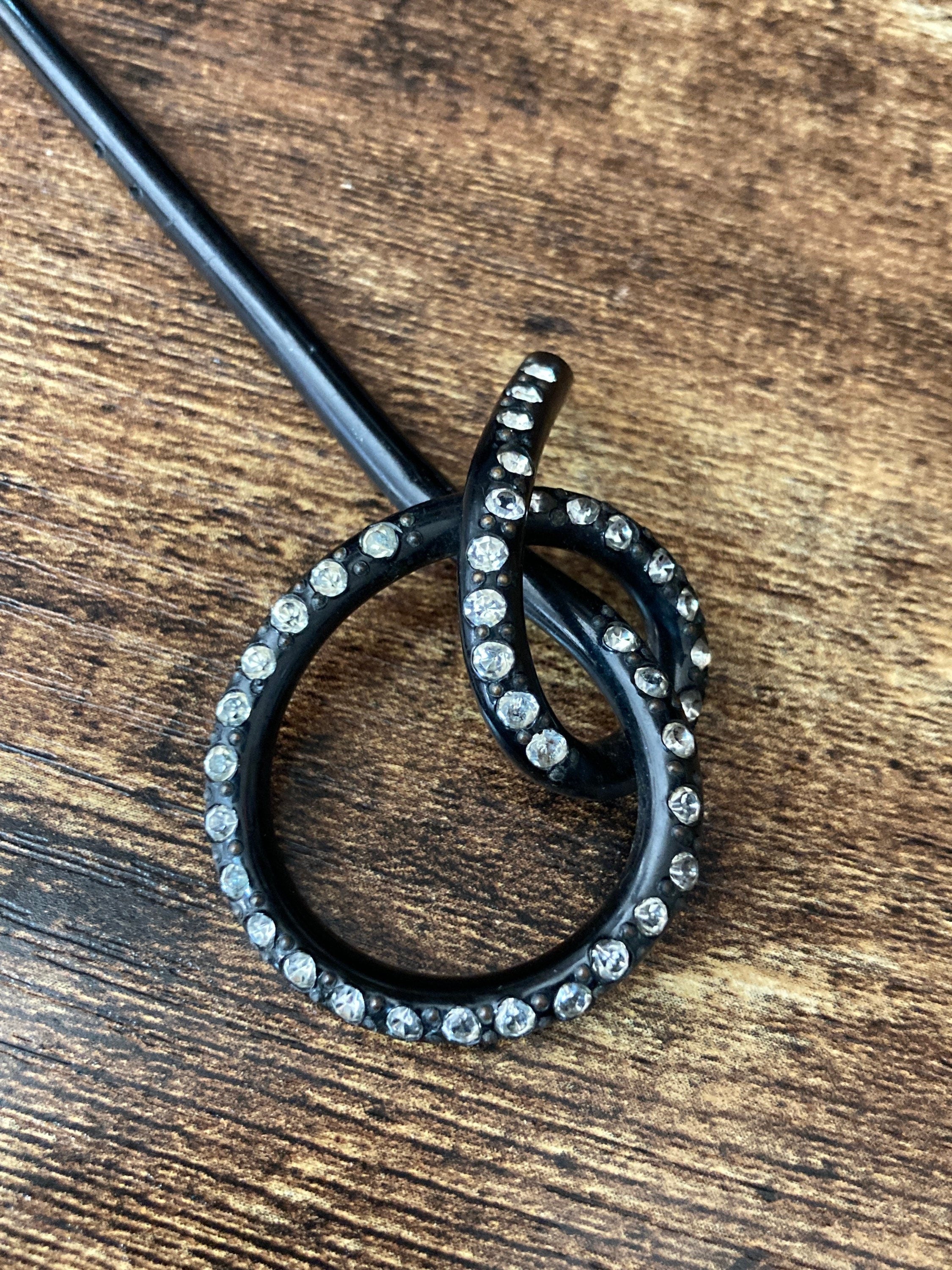 Art Deco Rhinestone Hat Pin: Black Bakelite Diamante Paste