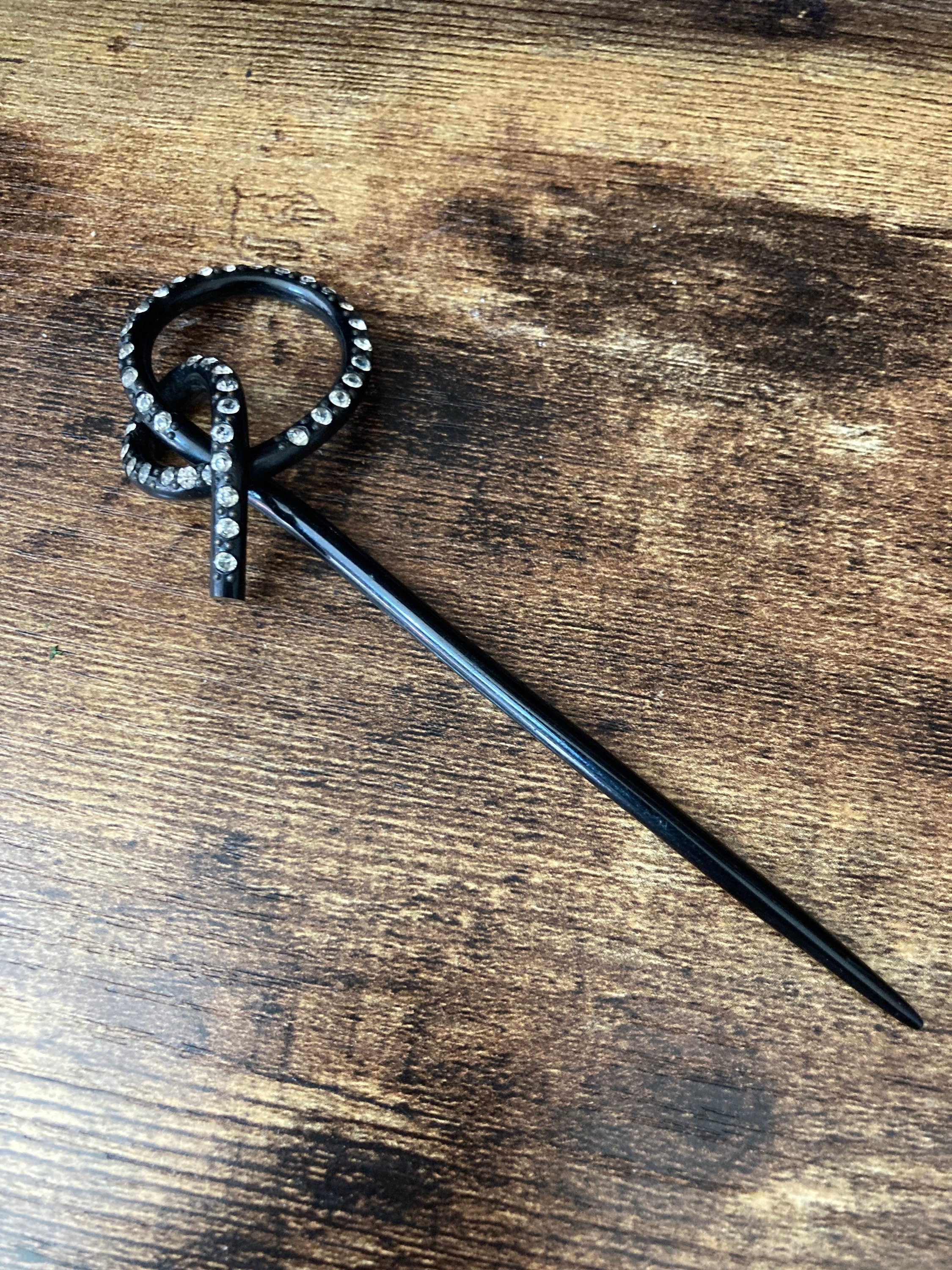 Art Deco Rhinestone Hat Pin: Black Bakelite Diamante Paste