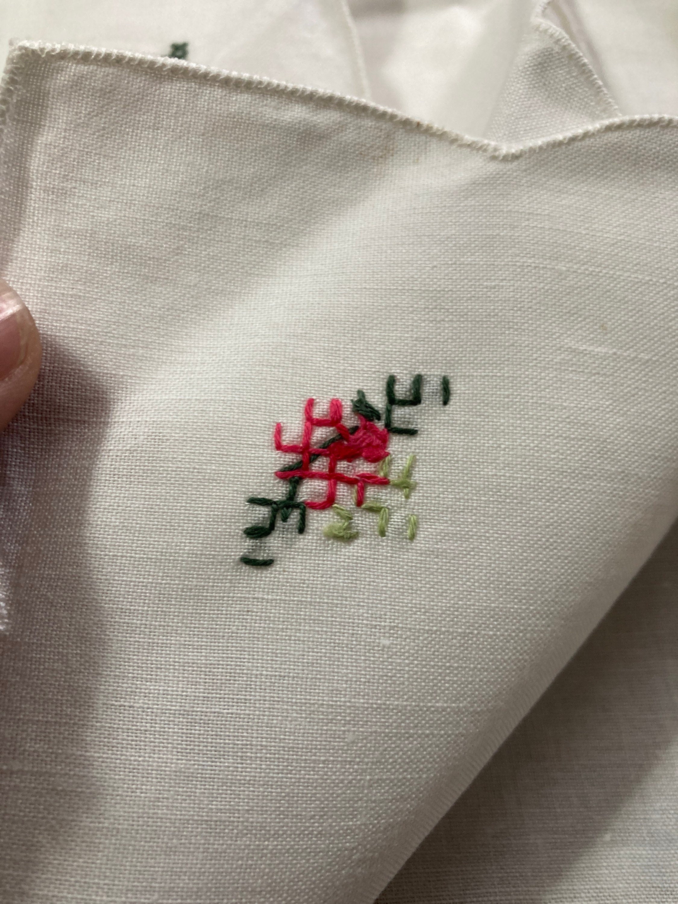 Set 6 white square napkins serviettes embroidered Chinese cross stitch floral 36cm