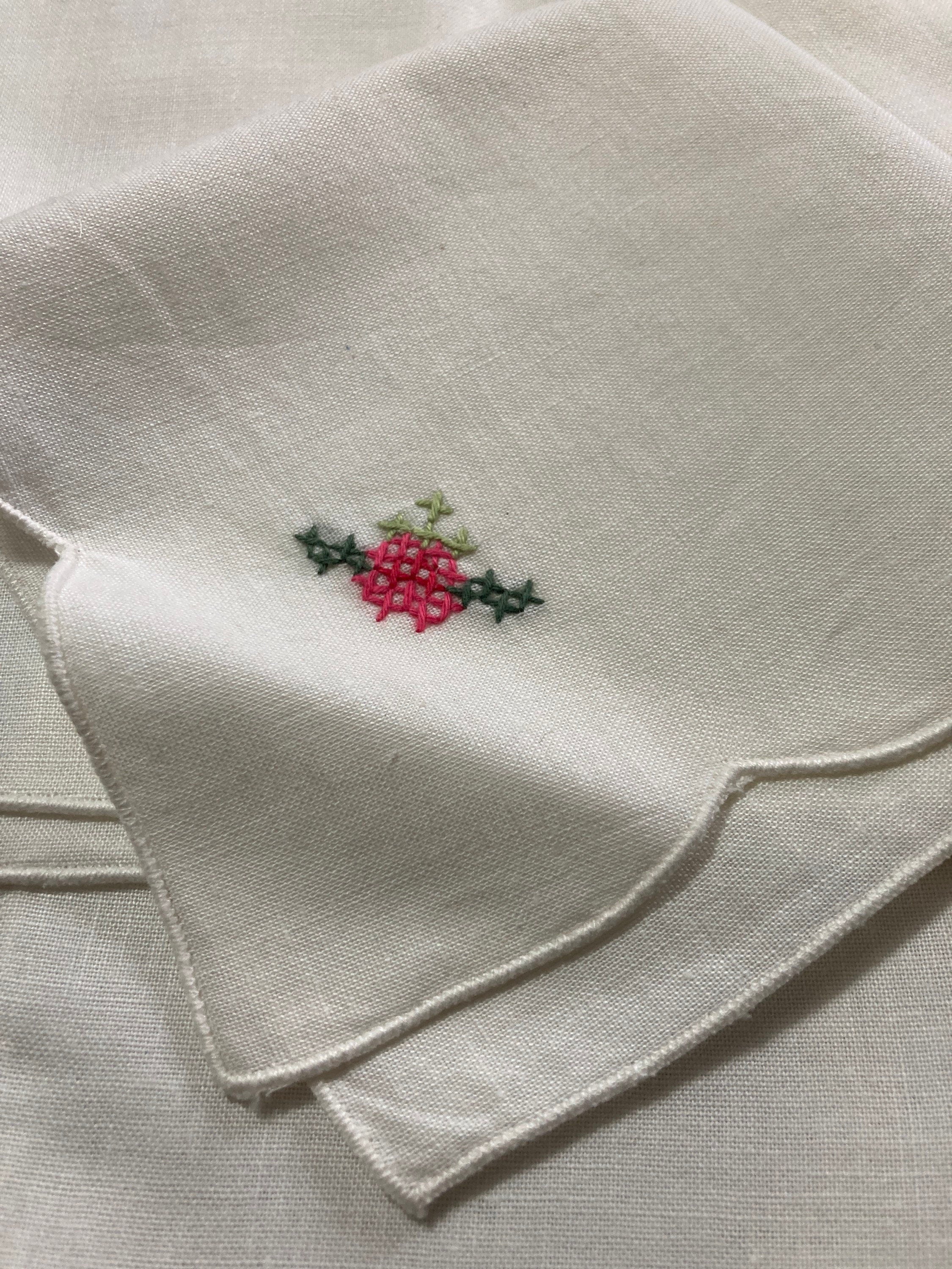 Set 6 white square napkins serviettes embroidered Chinese cross stitch floral 36cm